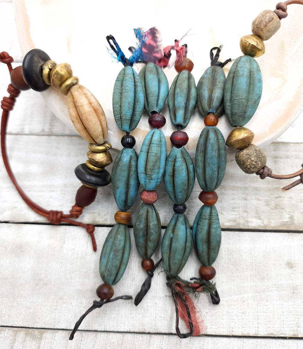 Large Oval Turquoise Blue Stained Old Rustic Glass Melons Beads  / Indonesian / 3 Beads 23-26mm  Jewelry Supplies /Java