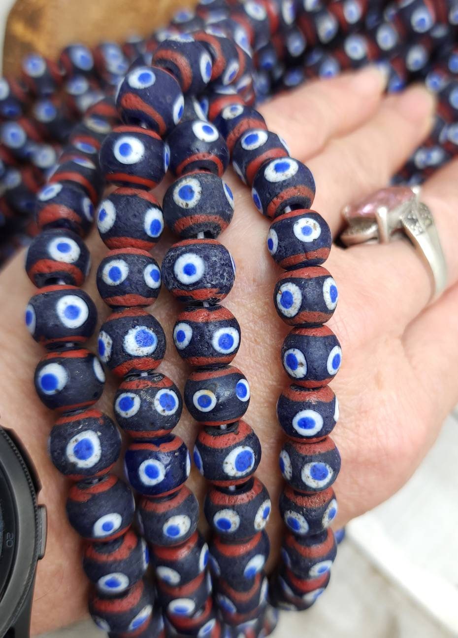 Evil Eye Opaque Glass Beads From Indonesia,  Option To Choose Full Strand 17" 44-48 Beads or Half Strand 9-10mm x 8-10mm, Jewelry Supplies