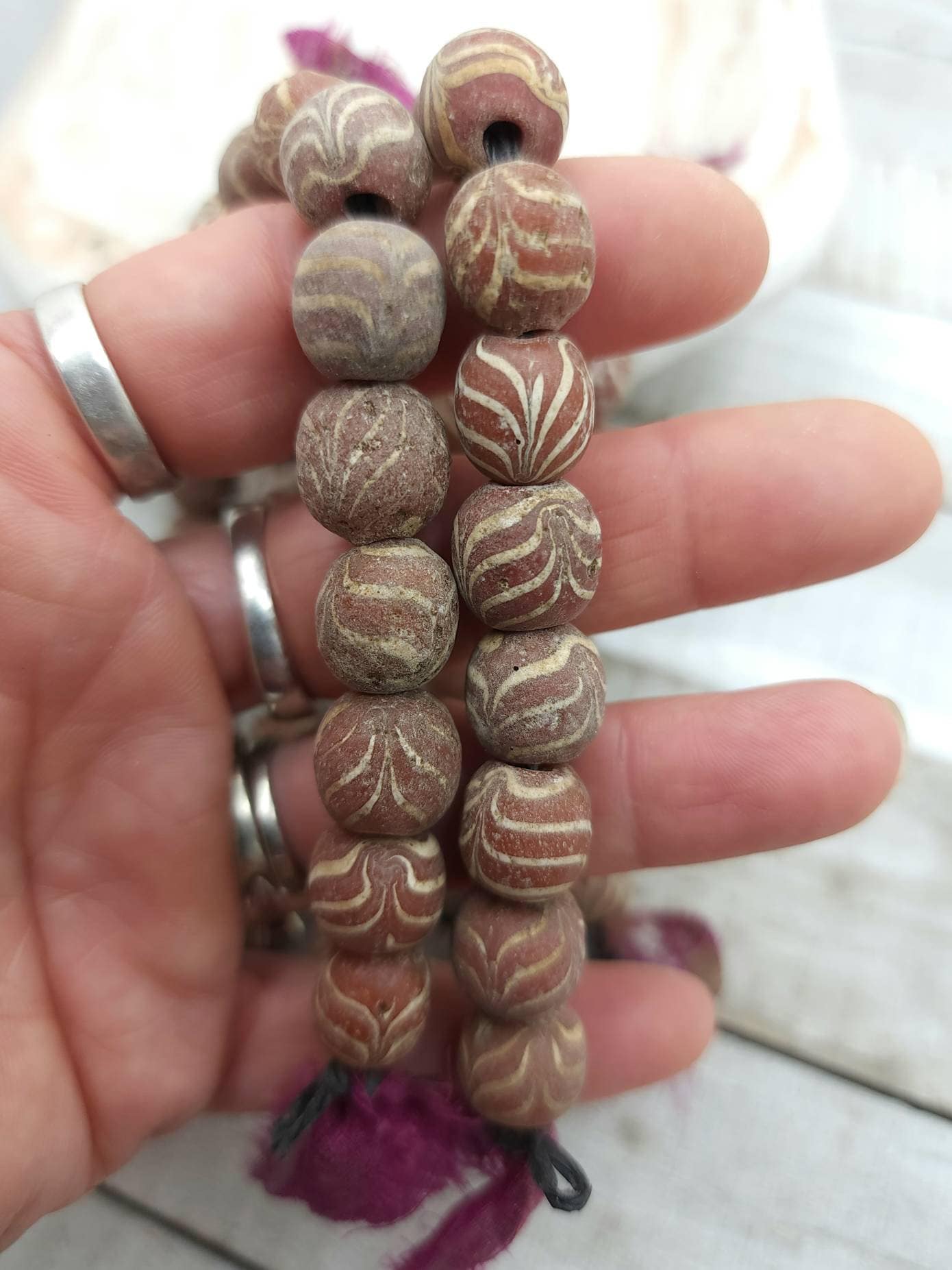 Feather Glass Beads, Authentic 90's Vintage,  Ethnic, Strand 12 Beads Choose Dusty Rose or O Variable Blues  12mm, Jewelry Making Supplies