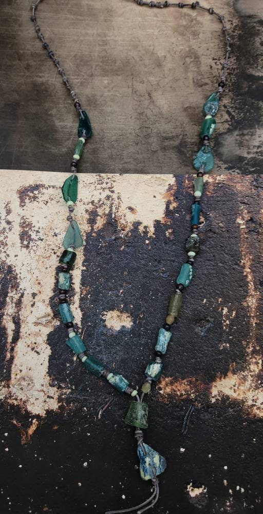 Beautiful Long Genuine Leather Necklace / Very Antique Roman Glass.