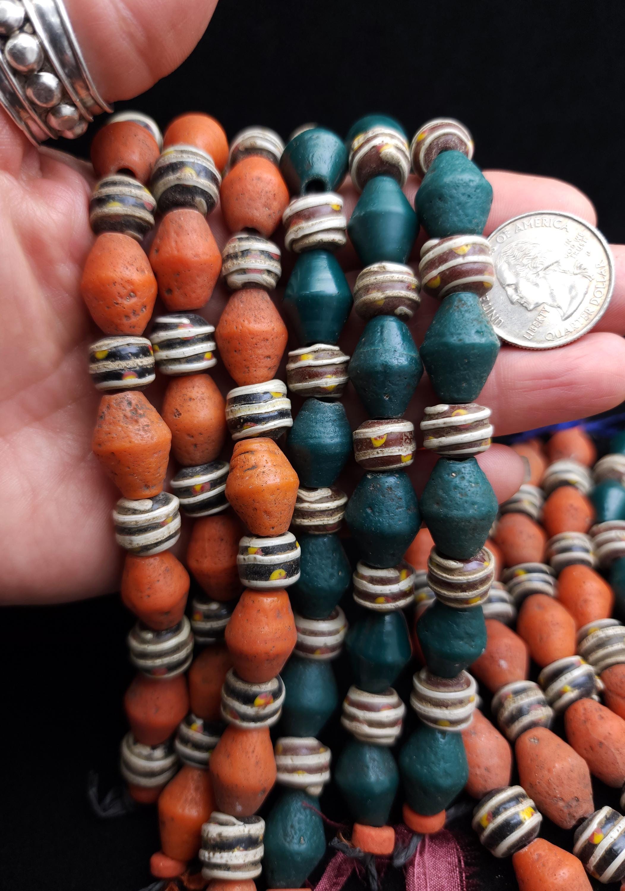 8" Strand [16 beads 9-12m] with a wide variety of beads with a rustic accent, Unique handmade glass beads from Indonesia, Jewelry Supplies