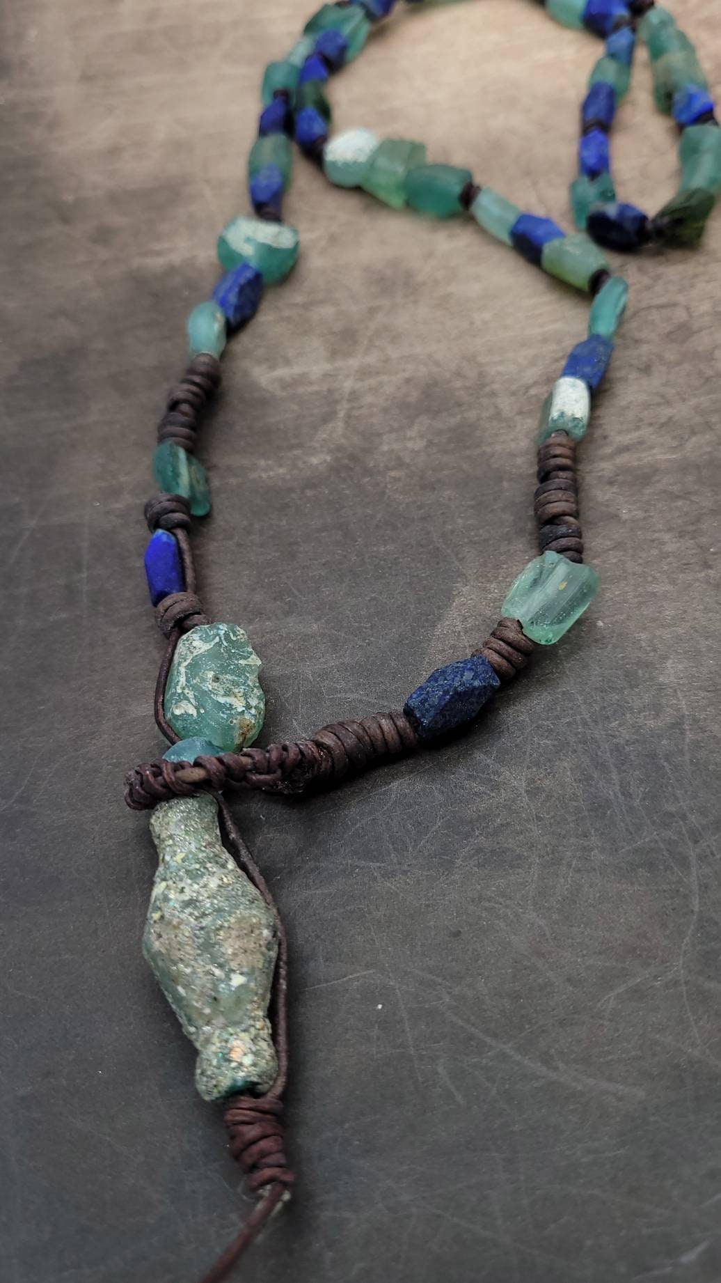 Beautiful Necklace With Lapis Lazuli High Quality Leather And Authentic Ancient Rome Glass / Very Old Roman Glass / For Men & Women / Long N