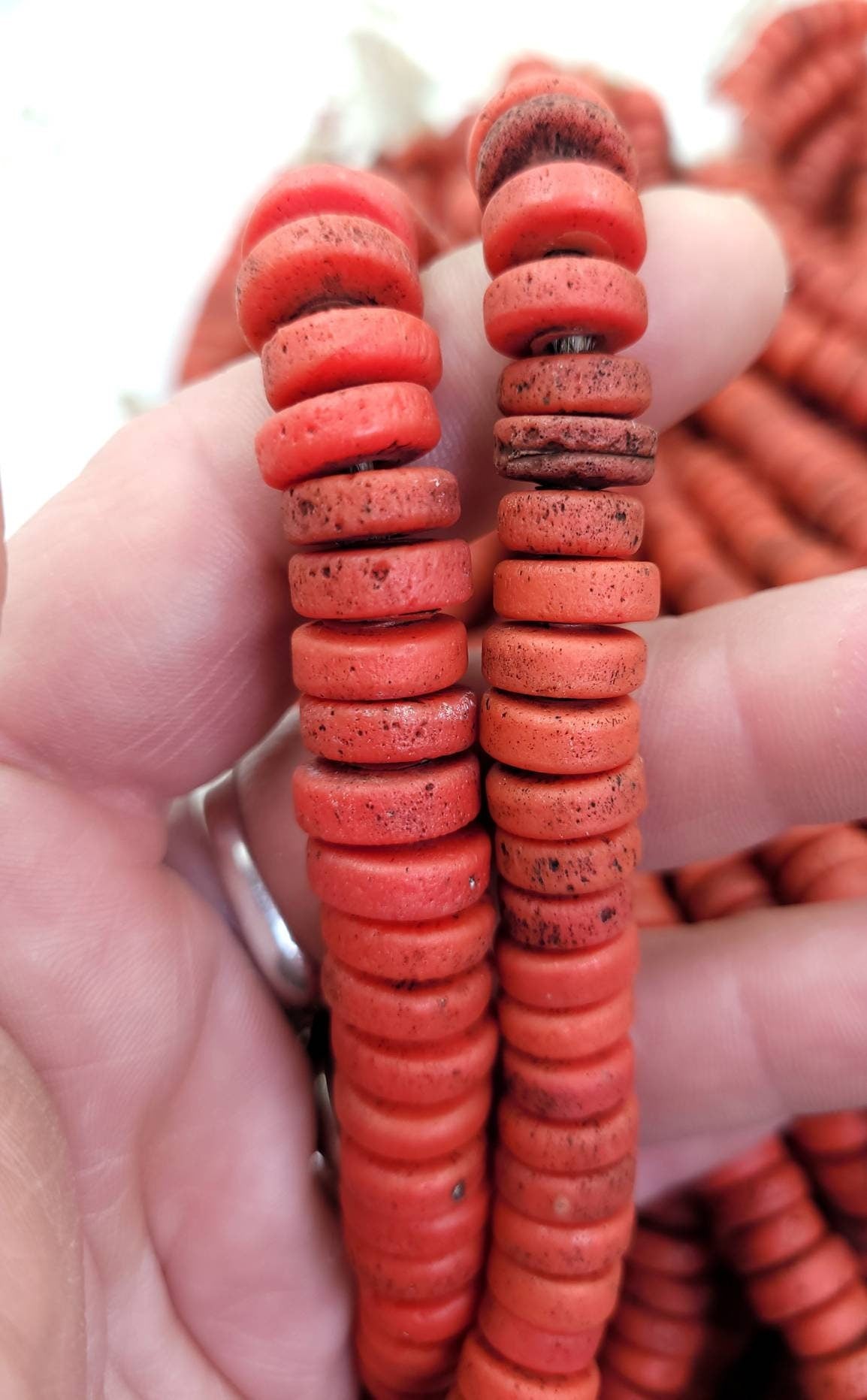Red Glass Beads With Strong Old Rustic Accent, Raw Texture, 10mm, 11-12mm 10" Long Strand, Tribal, Jewelry Making Supplies.
