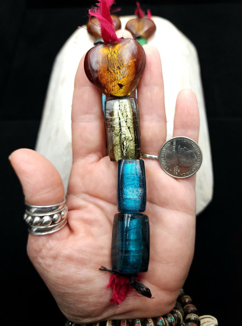 Lampwork Silver Foil Glass Beads, Handmade Murano Glass Bead Strand, Amber Heart & Metallic Green and Blue Beads, Jewelry Making Supplies