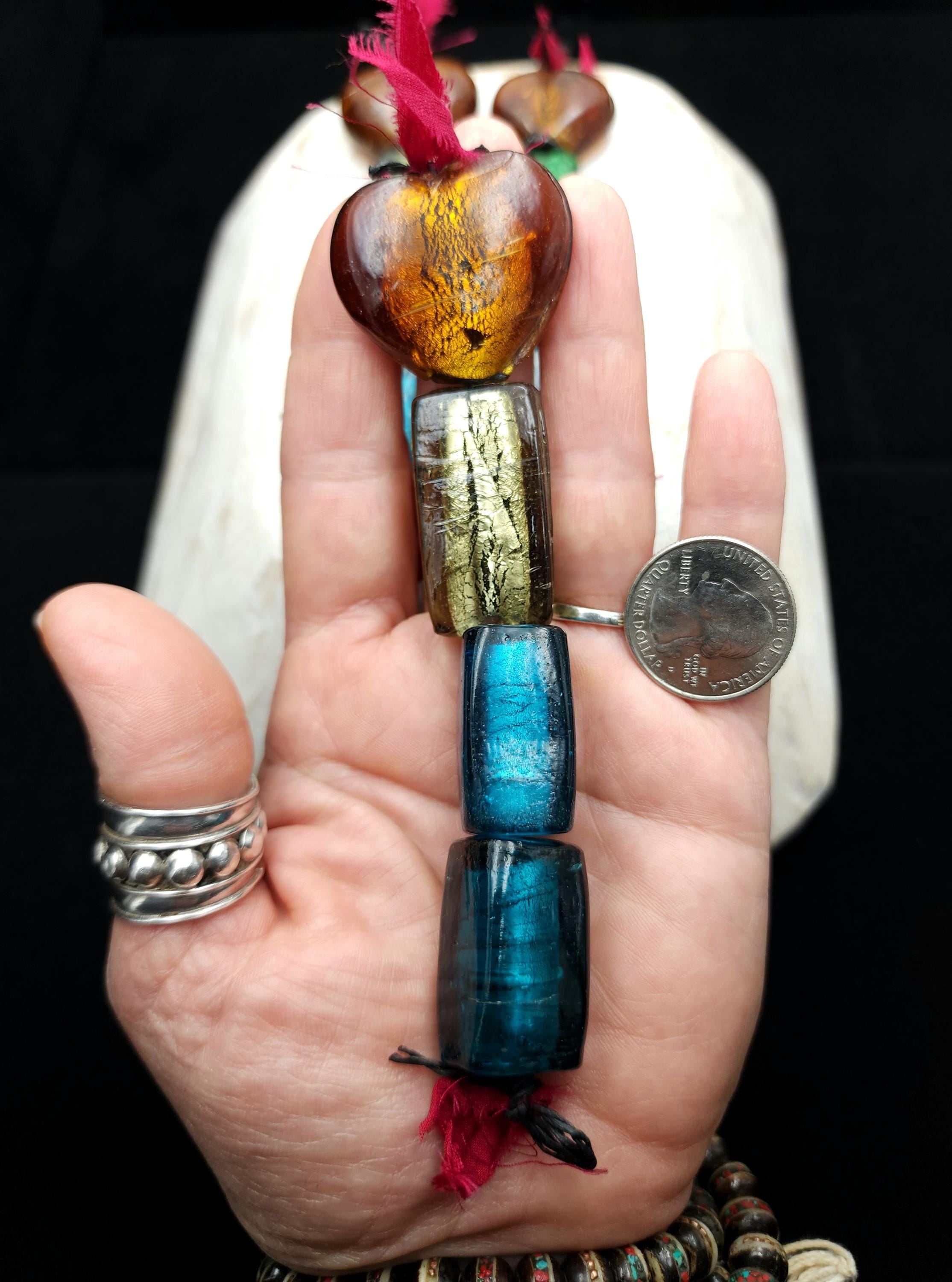 Lampwork Silver Foil Glass Beads, Handmade Murano Glass Bead Strand, Amber Heart & Metallic Green and Blue Beads, Jewelry Making Supplies