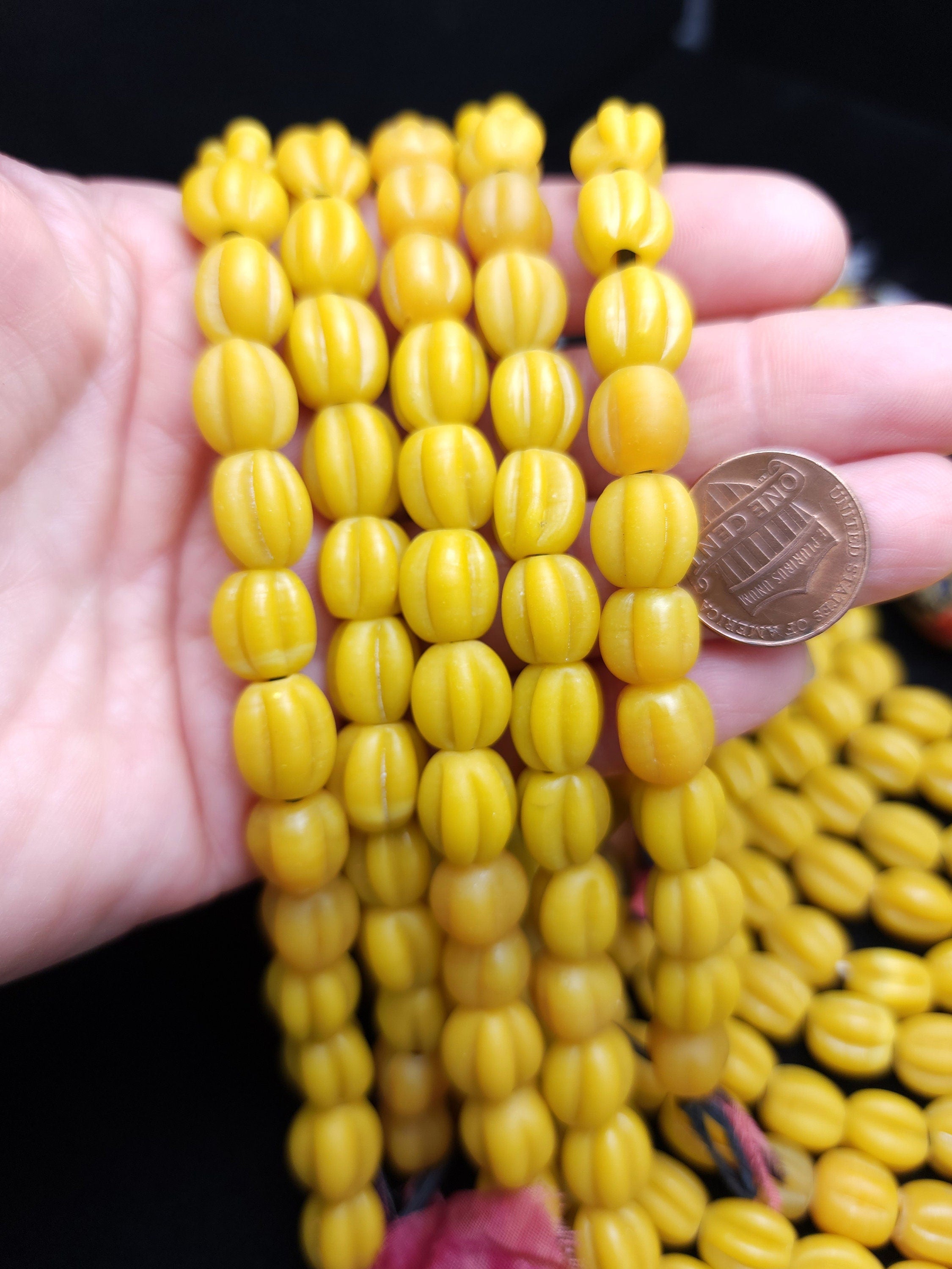 10mm+ Yellow Melon Shaped Beads [20] Indonesian Glass Beads, Java, Pumpkin Beads, Jewelry Making Supplies, Craft.