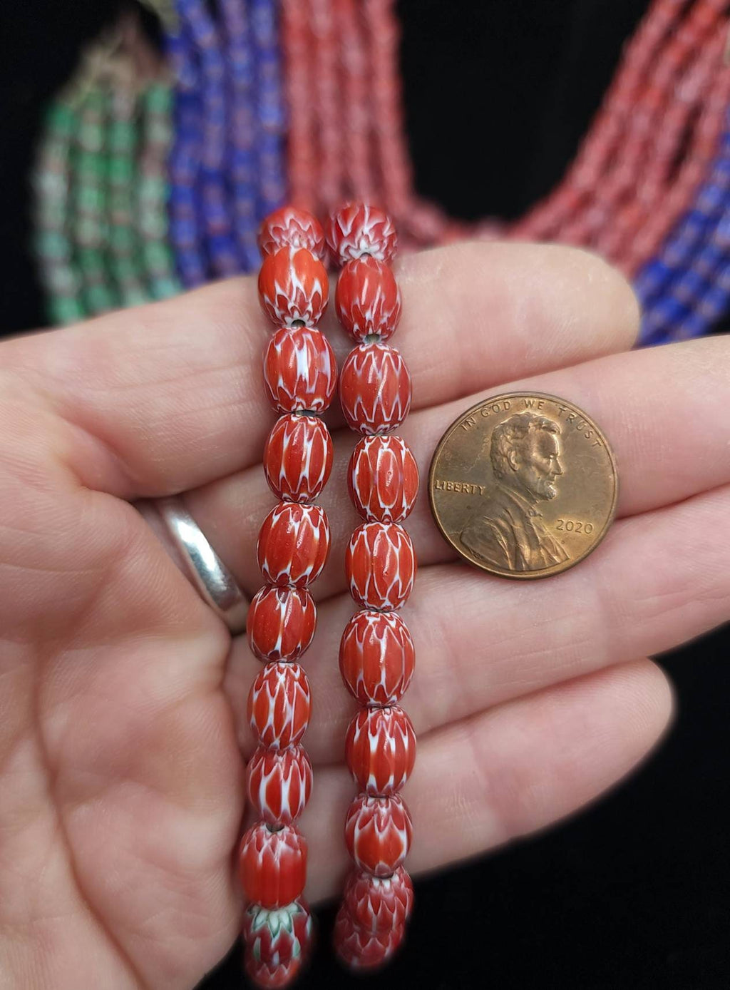 Multi-Layer India Handmade Chevron Glass Beads Choose Red, Blue Or Green / Strand 10"  30 Beads 7x9mm / Jewelry Making Supplies.