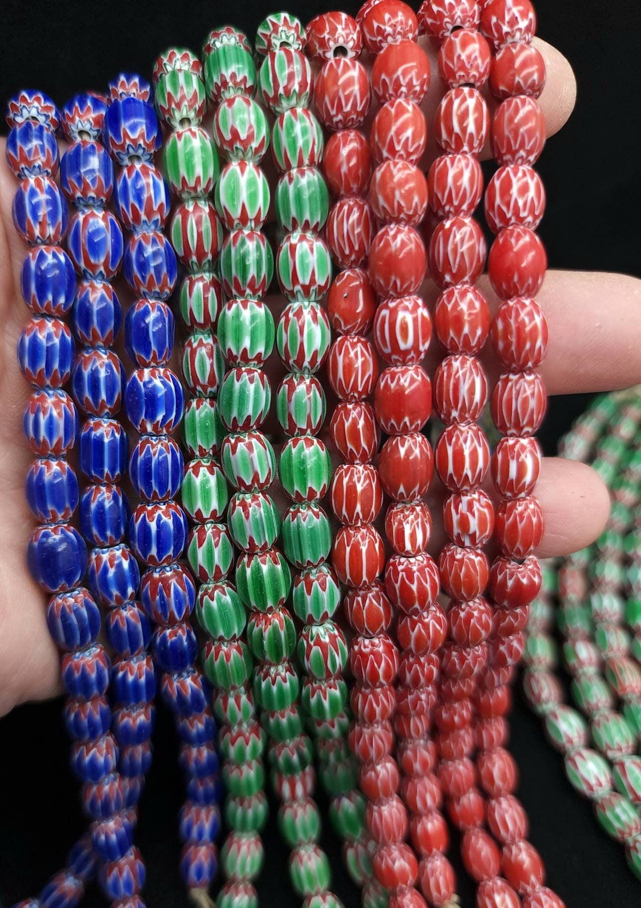 Multi-Layer India Handmade Chevron Glass Beads Choose Red, Blue Or Green / Strand 10"  30 Beads 7x9mm / Jewelry Making Supplies.