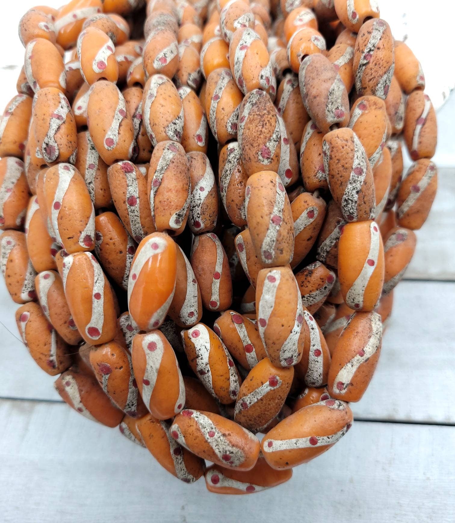 Old Accent Glass Beads Made By Thai Artisan Hands/ Indonesian Beads /Java / 10 Beads 18-20mm x 10mm / Jewelry Supplies / Vintage / Venetian