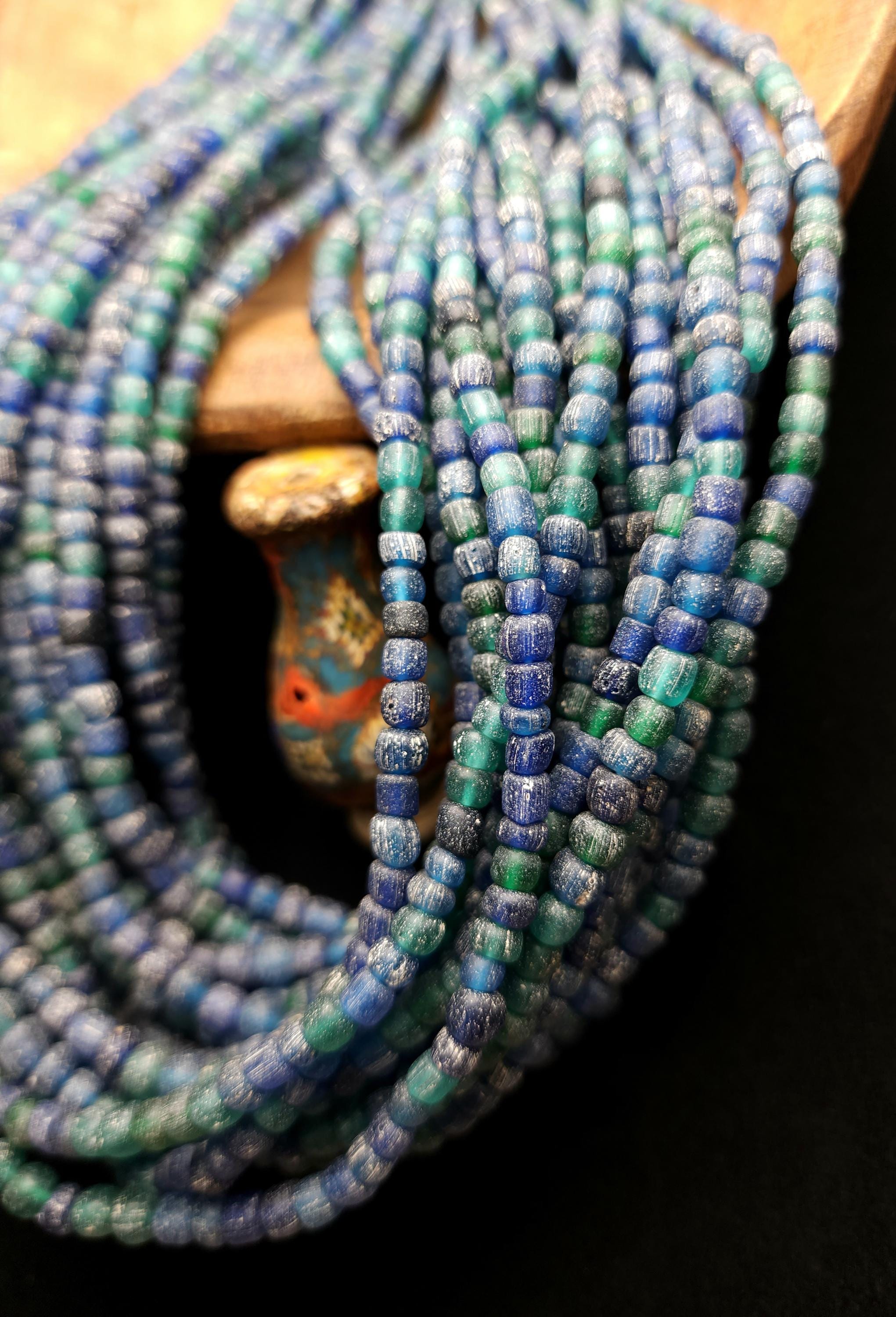 Boho Rustic Glass Beads from Indonesia 4-6×3-5mm Strand 22" [166 Beads], Blue & Green Handmade Beads, Craft Jewelry DIY.