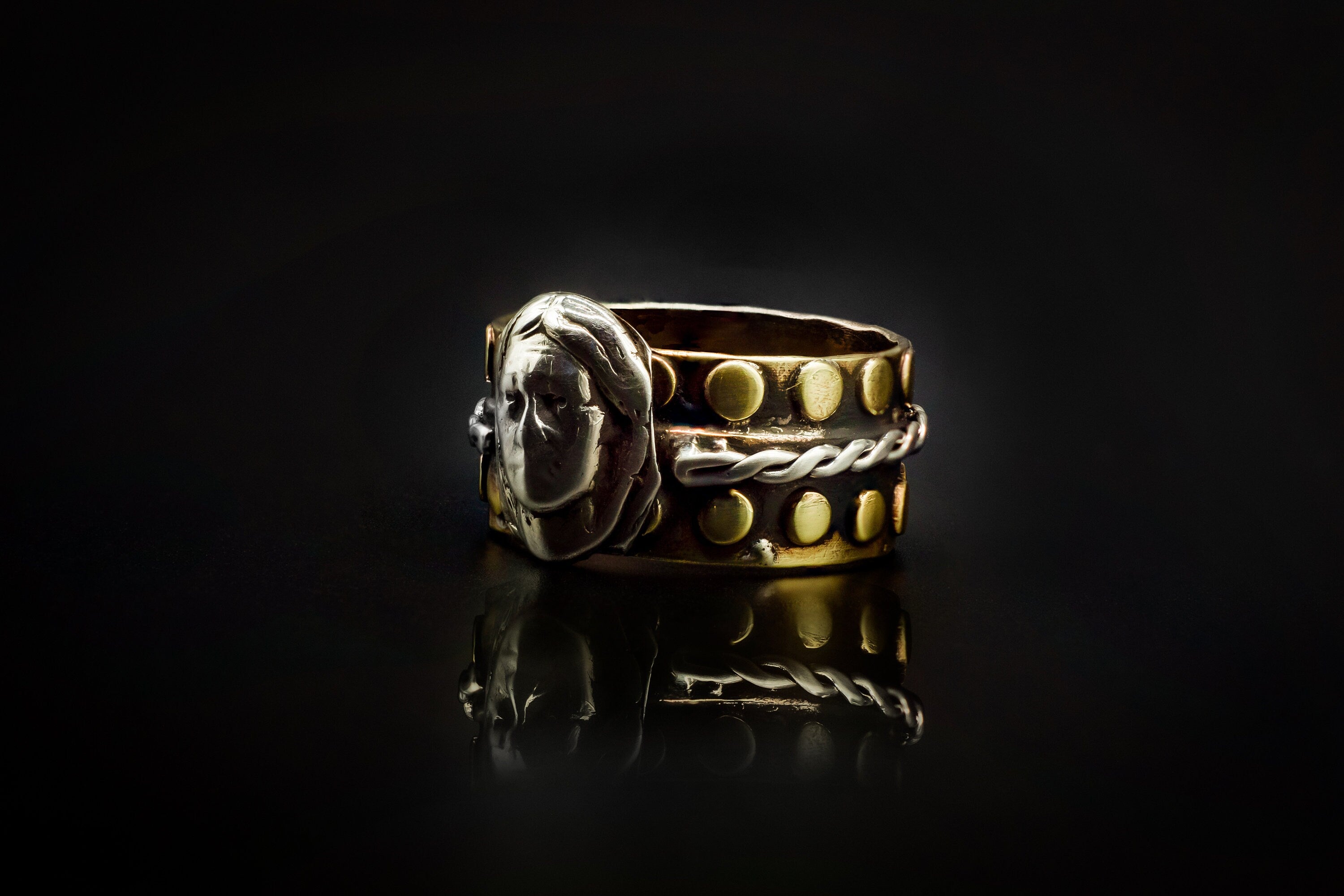 Beautiful Brass, 99.9 Silver, And Native American Face Ring