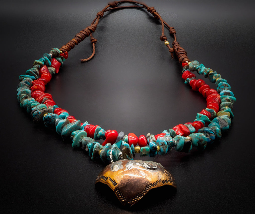 Native American Navajo Necklace /Authentic Turquoise, Natural Red Coral Bamboo,  925 Silver, Golden Brass, Heart Forged by hand of copper.