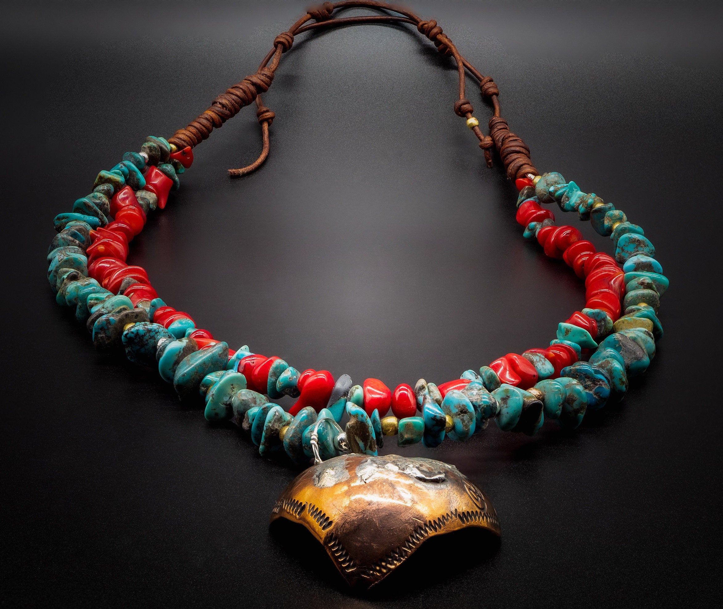 Native American Navajo Necklace /Authentic Turquoise, Natural Red Coral Bamboo,  925 Silver, Golden Brass, Heart Forged by hand of copper.