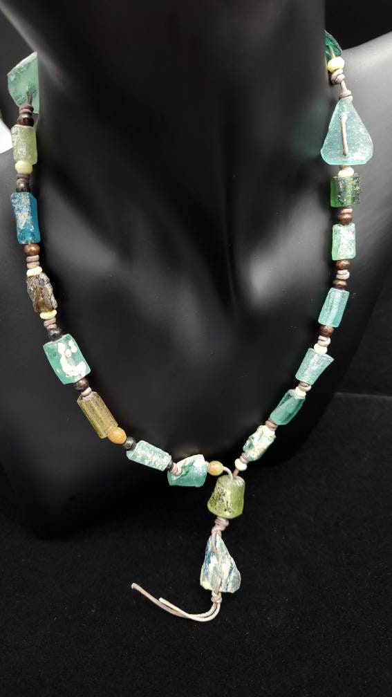 Beautiful Long Genuine Leather Necklace / Very Antique Roman Glass.