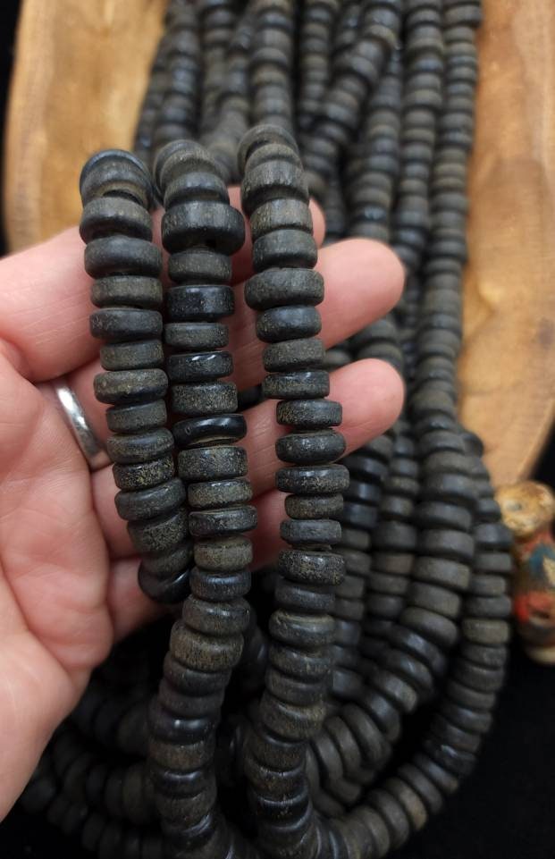 Wow Beautiful Black Beads With Old Rustic Accent 11-12mm Strand 10" Long / Java / Indonesian / Glass Beads / Tai Beads / Jewelry Supplies.