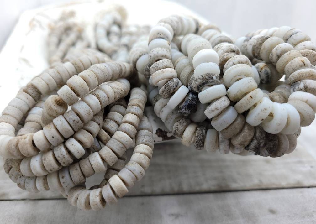 Beautiful Beads With Antique Rustic Accent White Opal Handmade Artisan, 8mm Or 9-10mm 10" Long Strand, Indonesia, Java, Tribal.