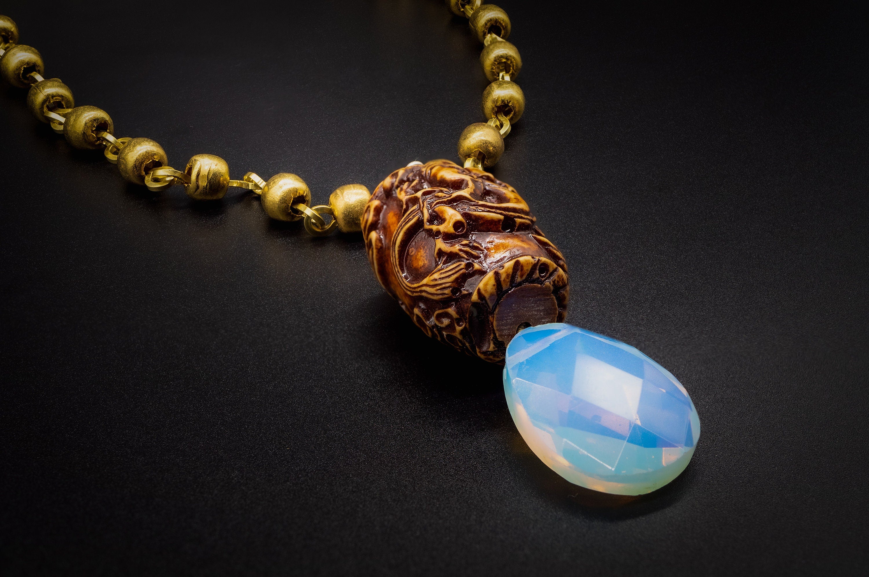 Chain Golden Brass, Cruelty Free Animal Bone/Opal Necklace/ Elegant Jewelry For men and women.