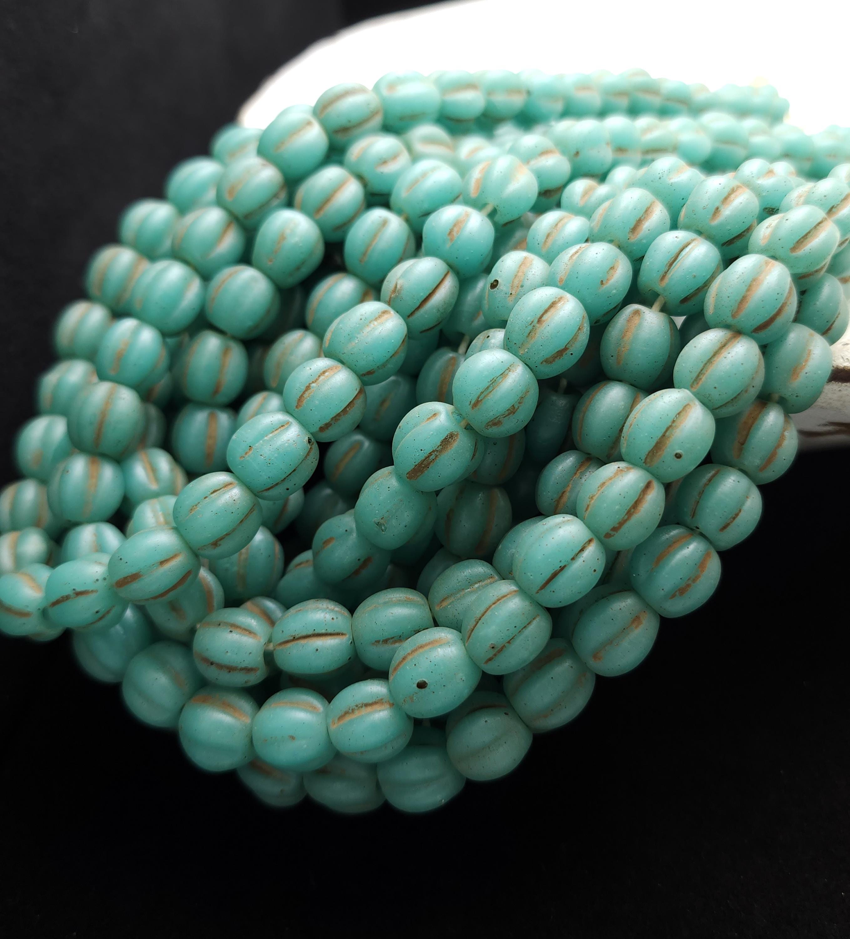 Old Glass Melon Shaped Beads Strand of 12 Beads 10-11mm, Indonesian Beads, Java, Vintage, Jewelry Making Supplies, Pumpkin Beads.