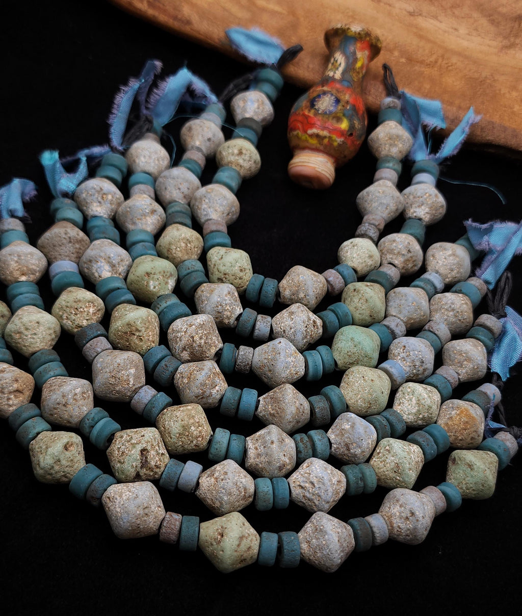 Old Bicone Glass Beads From Thailand, Rustic and Vintage Accent, Supplies to Make Jewelry, Strand With 25 Blue And Green Beads 8-15mm.