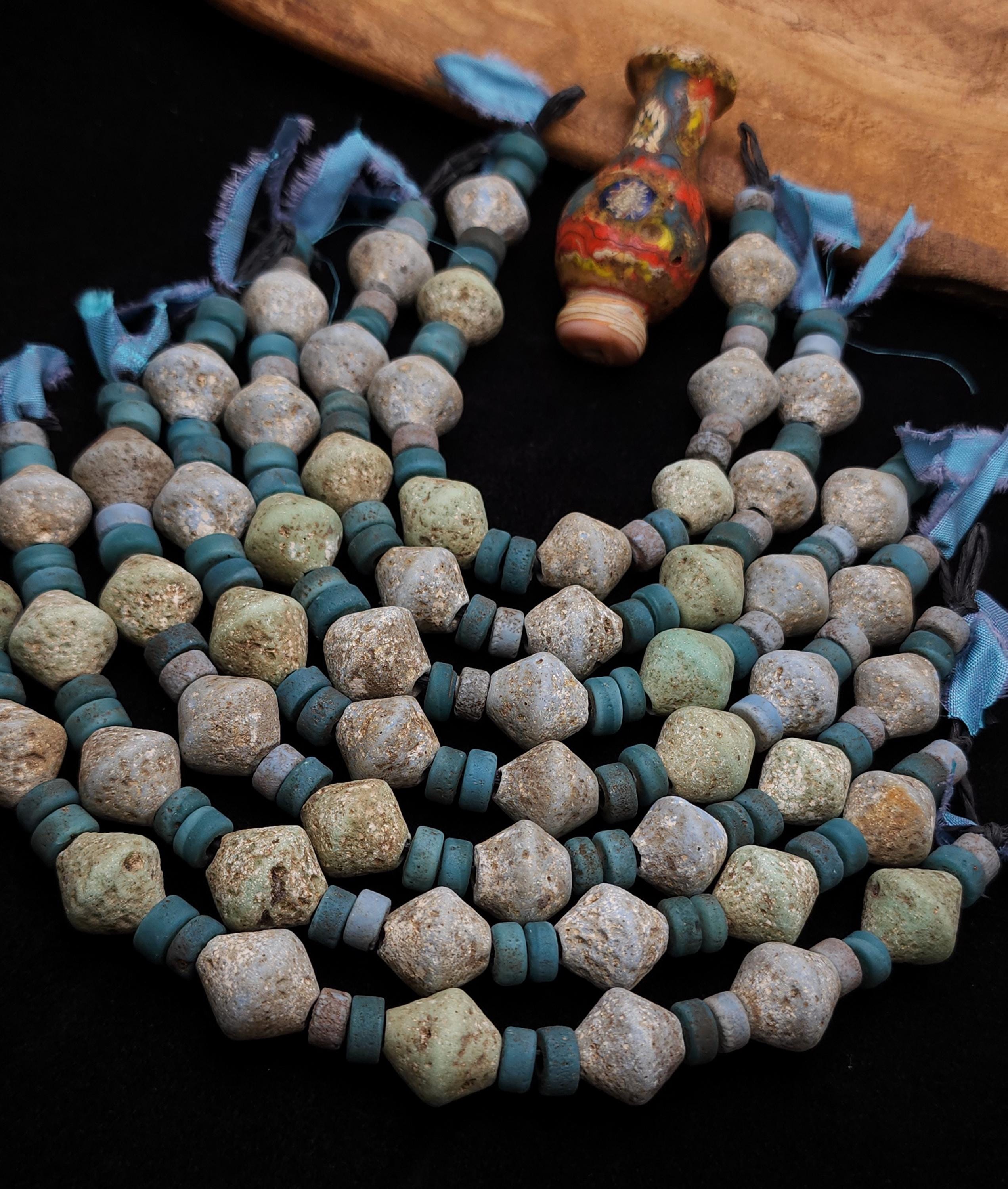 Old Bicone Glass Beads From Thailand, Rustic and Vintage Accent, Supplies to Make Jewelry, Strand With 25 Blue And Green Beads 8-15mm.