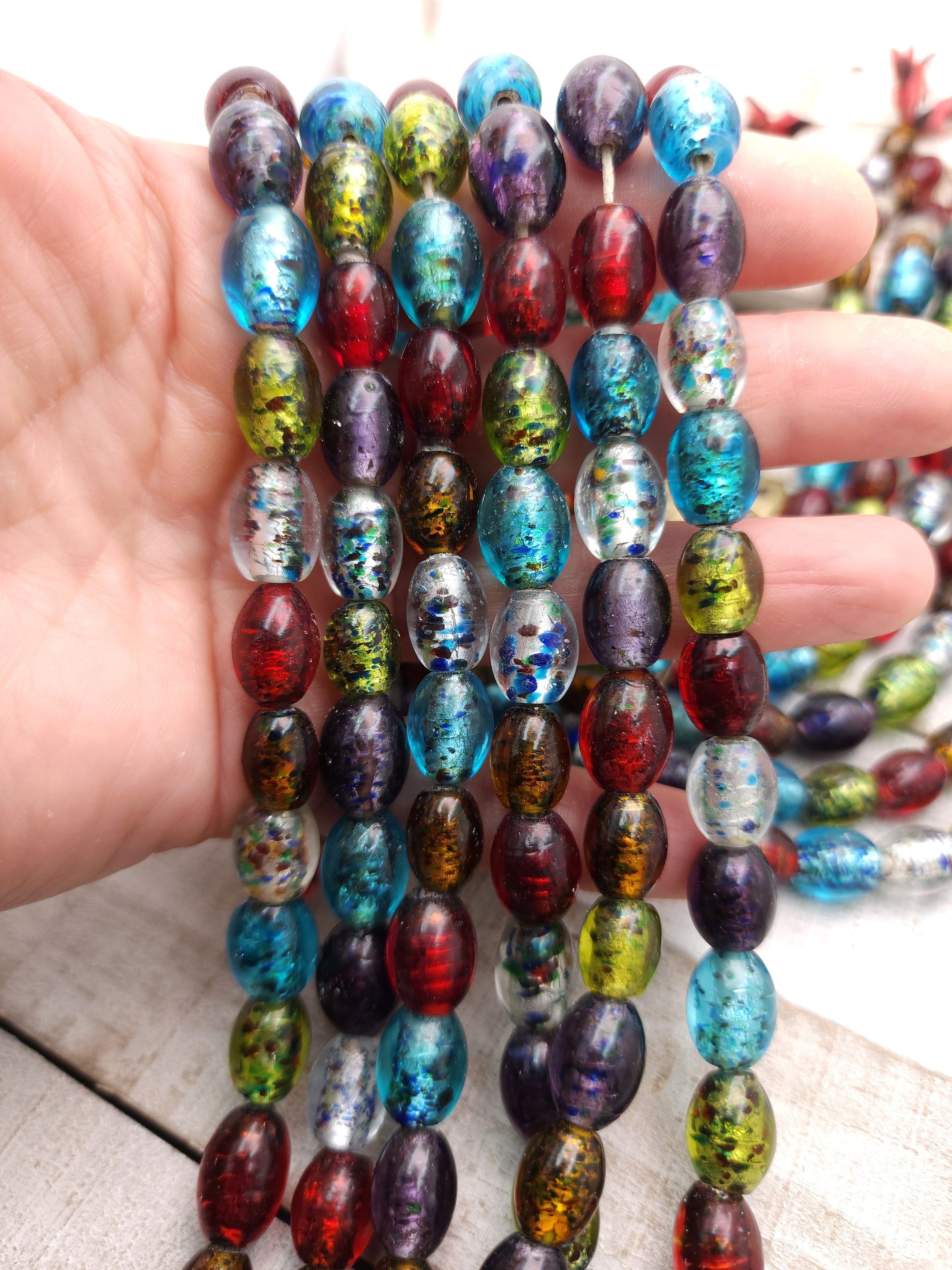Oval Silver Foil Beads 12" [25], Murano Glass Beads, Venetian Glass Beads, Handmade Glass Beads, Vintage, Lampwork Beads,  Jewelry Supplies.