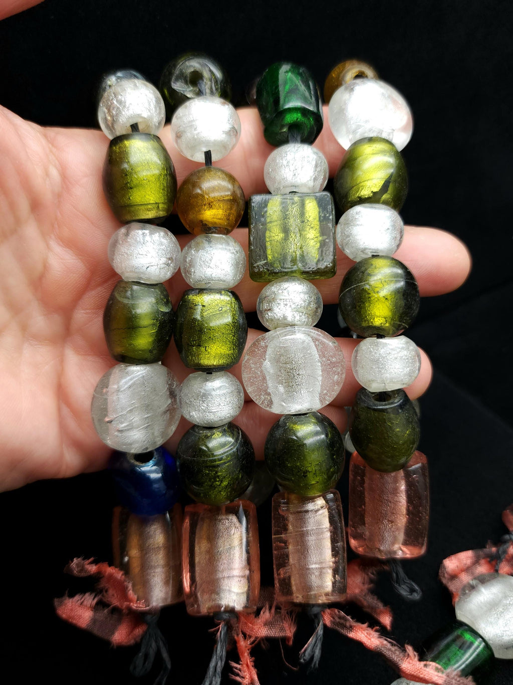Lampwork Silver Foil Glass Beads – Handmade Murano Style Bead Strand 9" 14-24mm, Green, Amber, Pink, Clear | Boho Ethnic Jewelry Making.