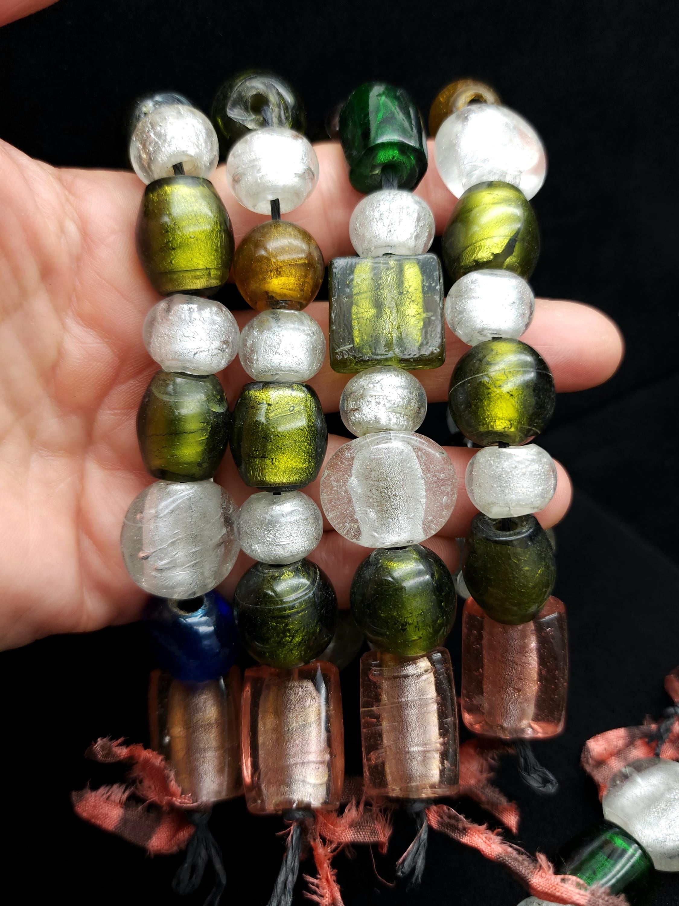Lampwork Silver Foil Glass Beads – Handmade Murano Style Bead Strand 9" 14-24mm, Green, Amber, Pink, Clear | Boho Ethnic Jewelry Making.