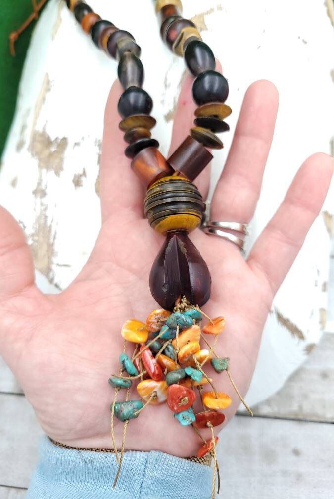 Beautiful Vintage Long Necklace Genuine Leather & Bone Beads Hand Carved  Authentic Turquoise Spiny Oyster Shell Beads / Boho Tribal Ethnic.