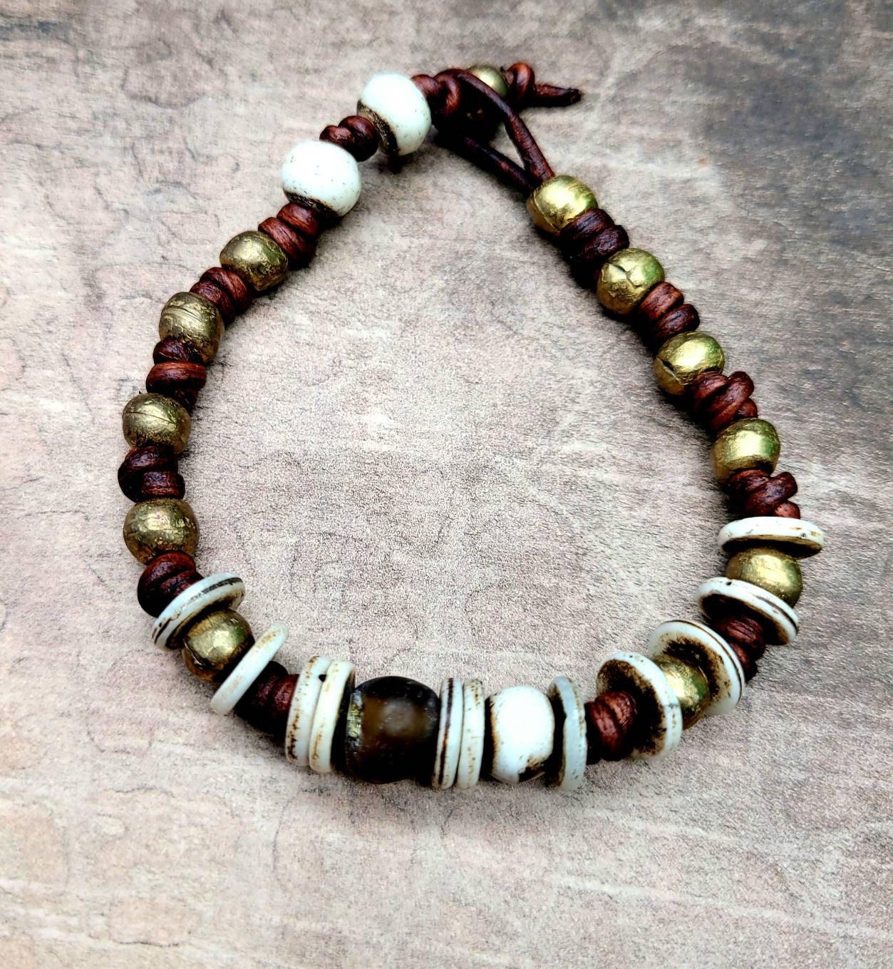 Ethnic leather bracelet, hippie, leather, african beads, bone, brass,exotic,rustic style.