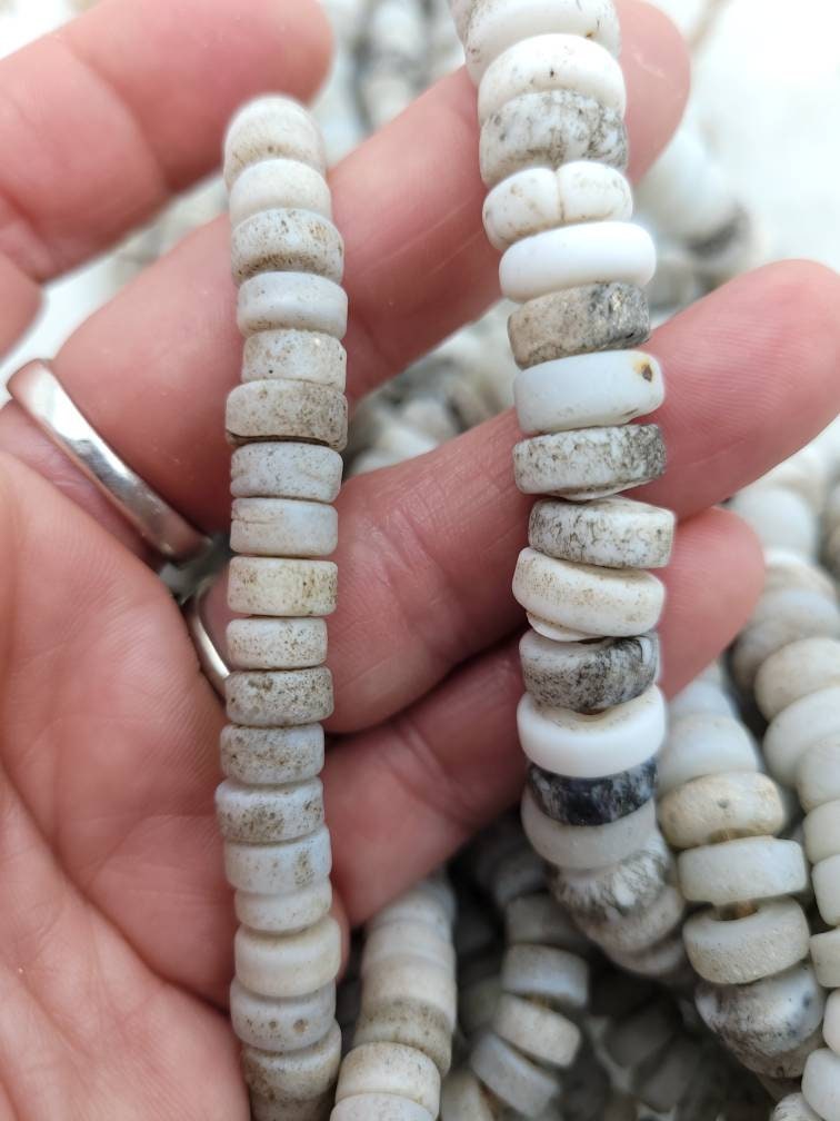 Beautiful Beads With Antique Rustic Accent White Opal Handmade Artisan, 8mm Or 9-10mm 10" Long Strand, Indonesia, Java, Tribal.