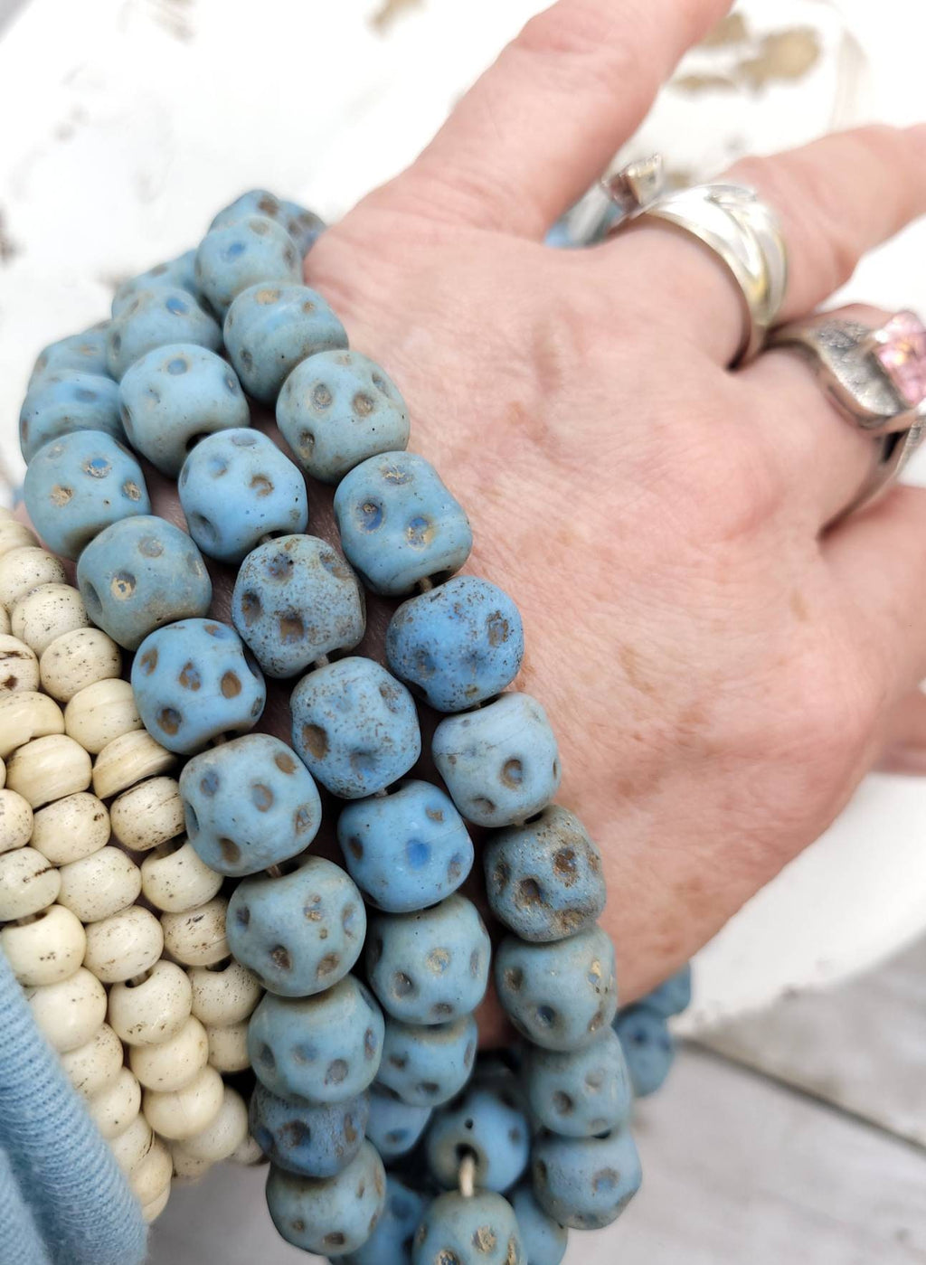 Blue Glass Beads With Rustic Accent 15 Beads 10-11 × 10-11mm / Lampwork Beads / Indonesian / Thailand / Jewelry Making Supplies, Craft.