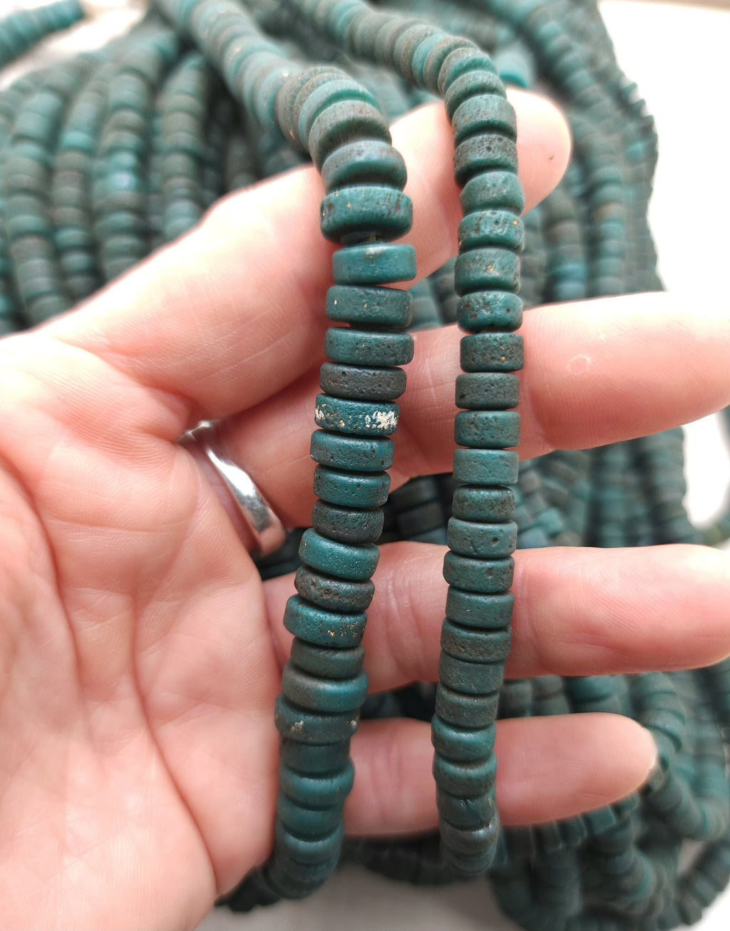 Green Glass Beads With Strong Old Rustic Accent Raw Texture, Option To Choose 7-8 Or 9-10mm Strand 10", Heishi, Indonesian Beads.