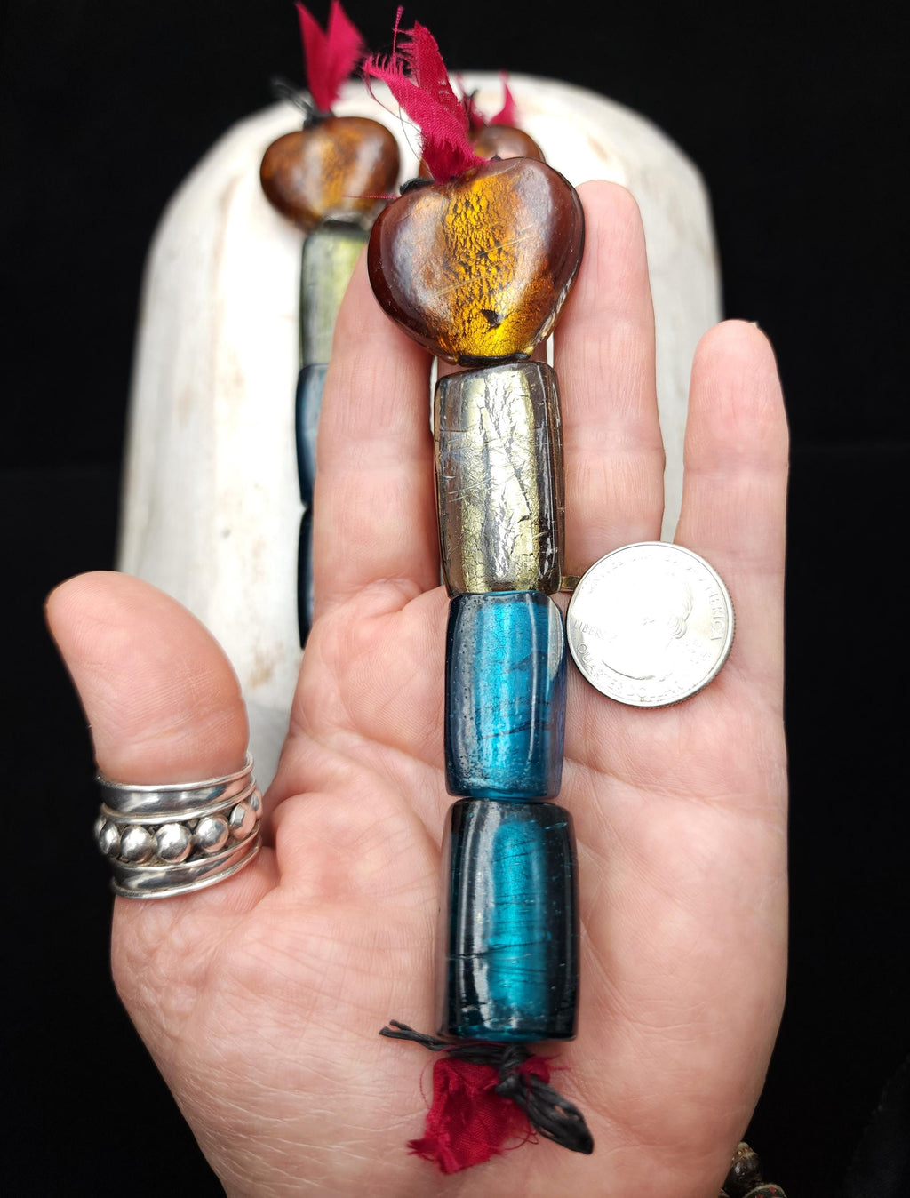 Lampwork Silver Foil Glass Beads, Handmade Murano Glass Bead Strand, Amber Heart & Metallic Green and Blue Beads, Jewelry Making Supplies