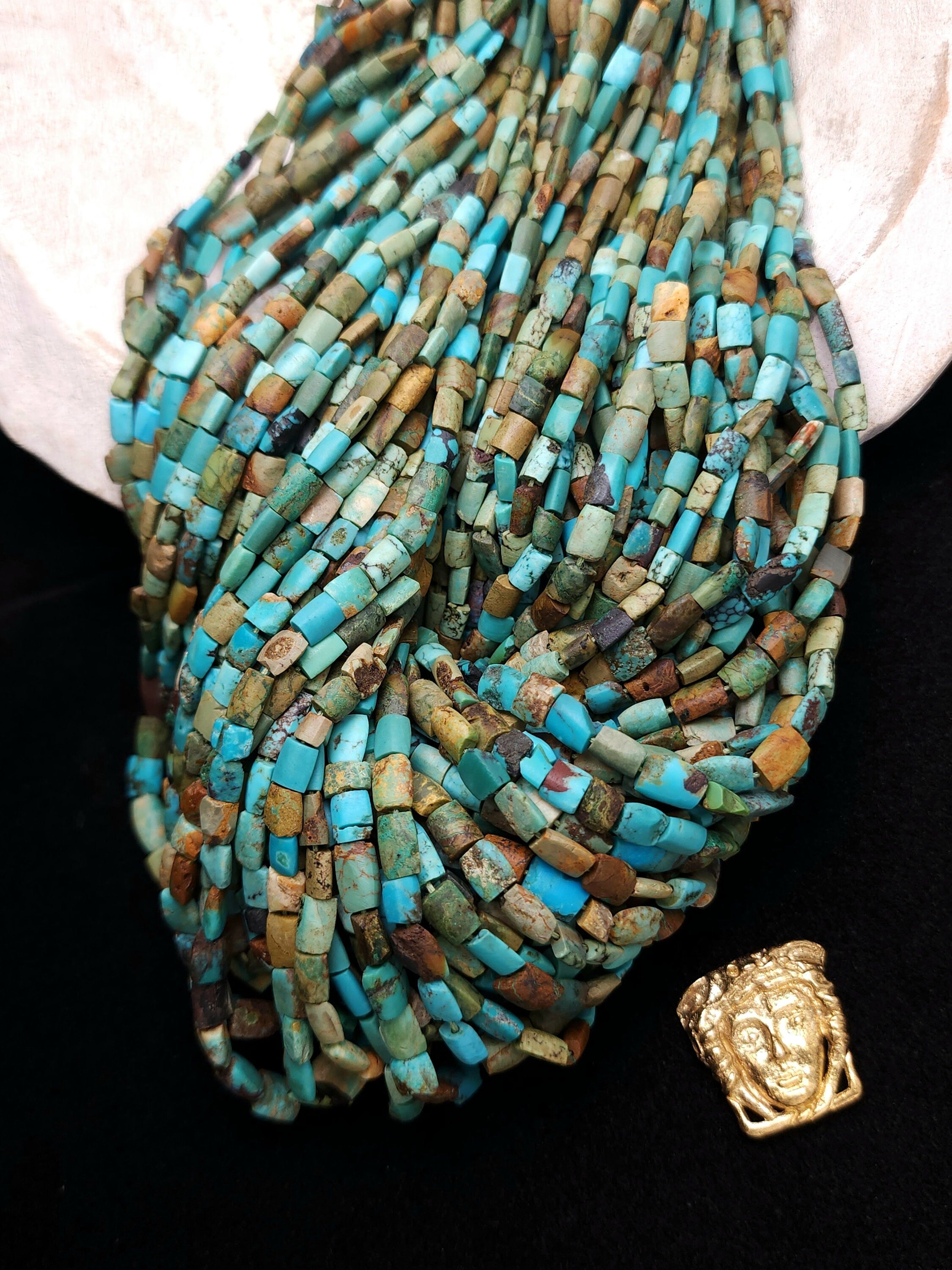 Genuine Turquoise From Afghanistan, Full Strand 15" Long 4-6mm+ Blue-green, Brown, Beige,Black,  Afghan beads, Small Flat Turquoises.