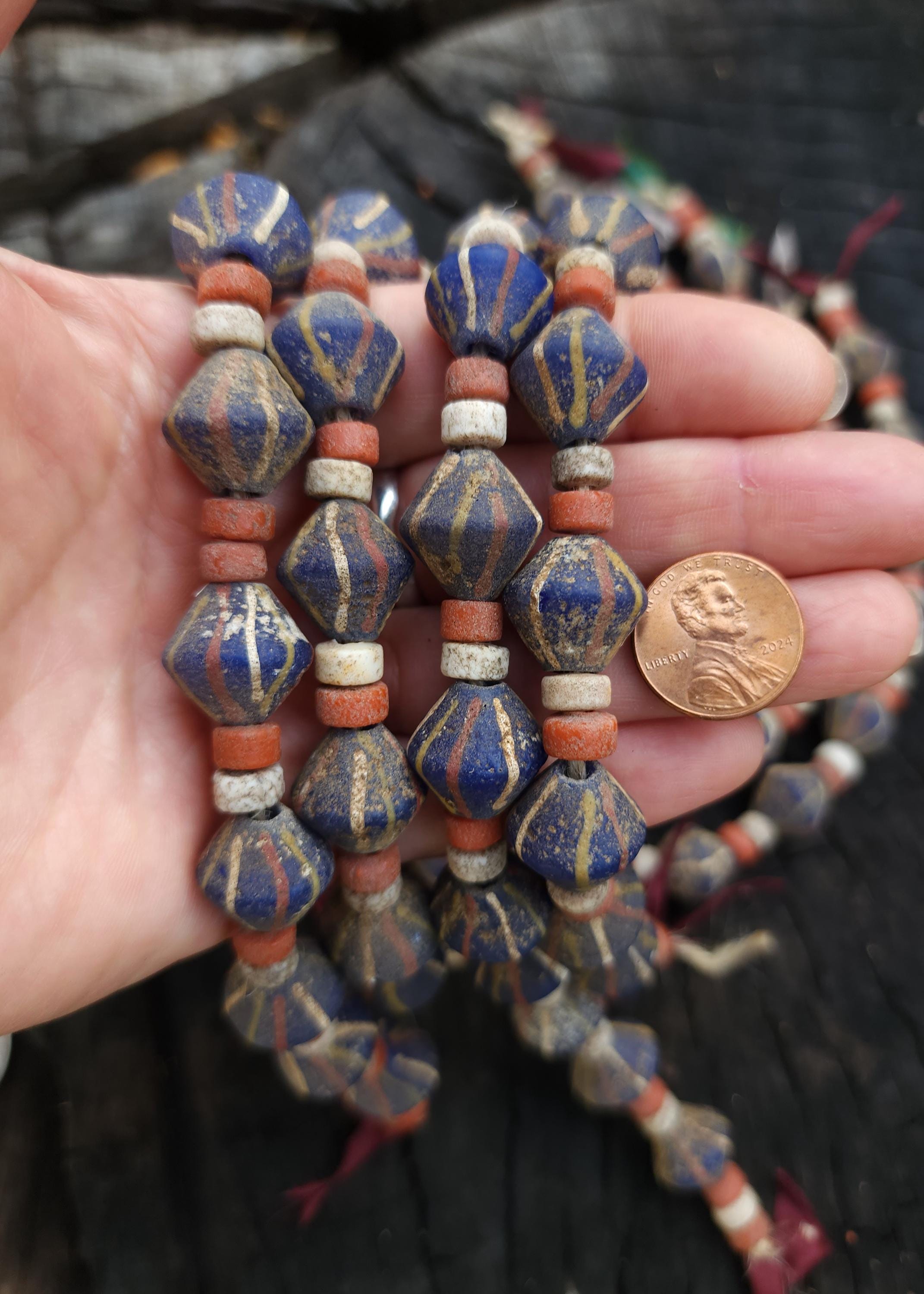 Blue Bicone Glass Beads, Strand 14-15mm, Beads With Antique Accent, Rustic, Indonesian, Jewelry Making Supplies, Craft.