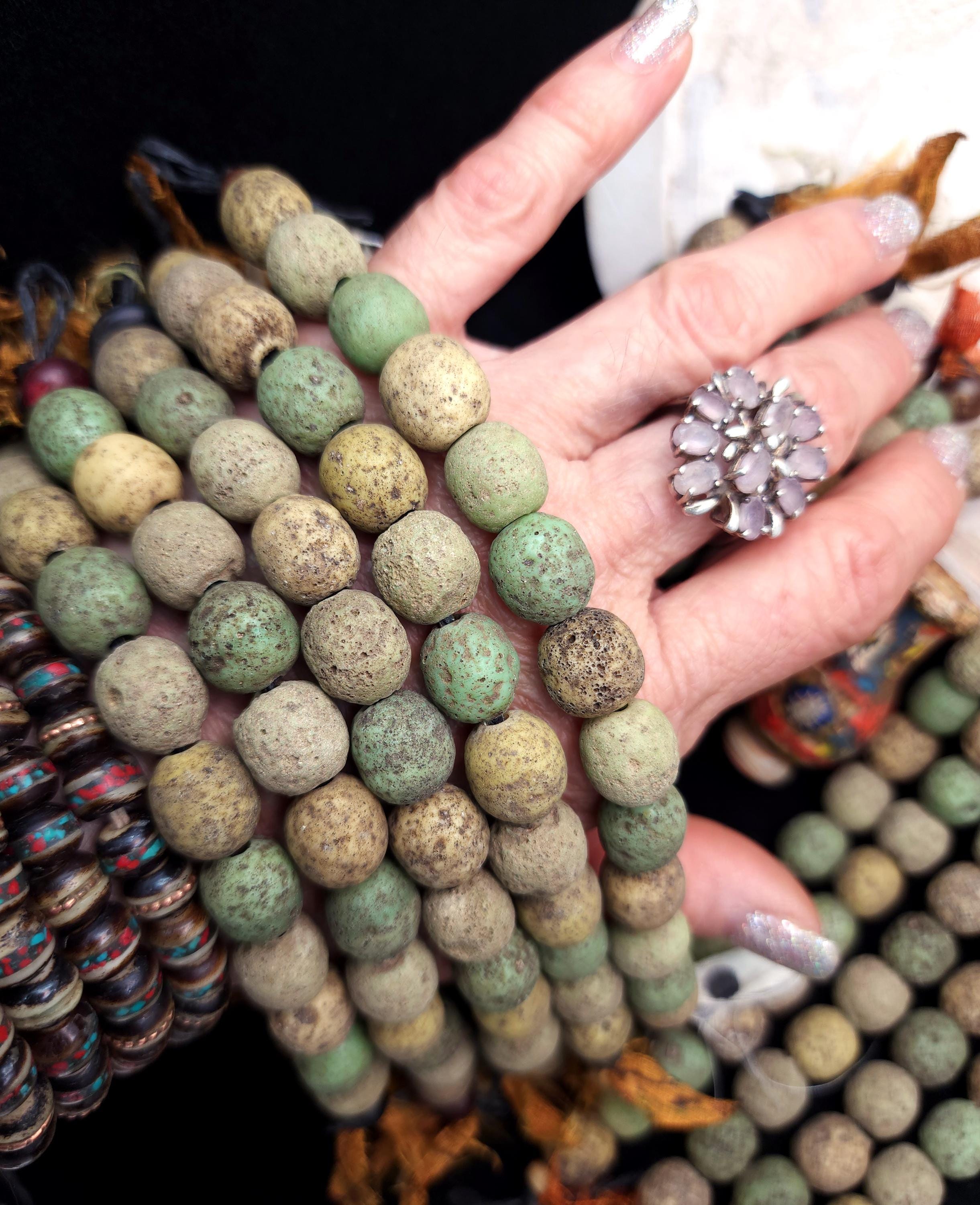 Indonesian Glass Beads Strand 12 Earthy Beige, Yellow, Green Beads 11-12mm, Vintage, Rustic,  Tribal, Boho, Hippie, Jewelry  Making Supplies