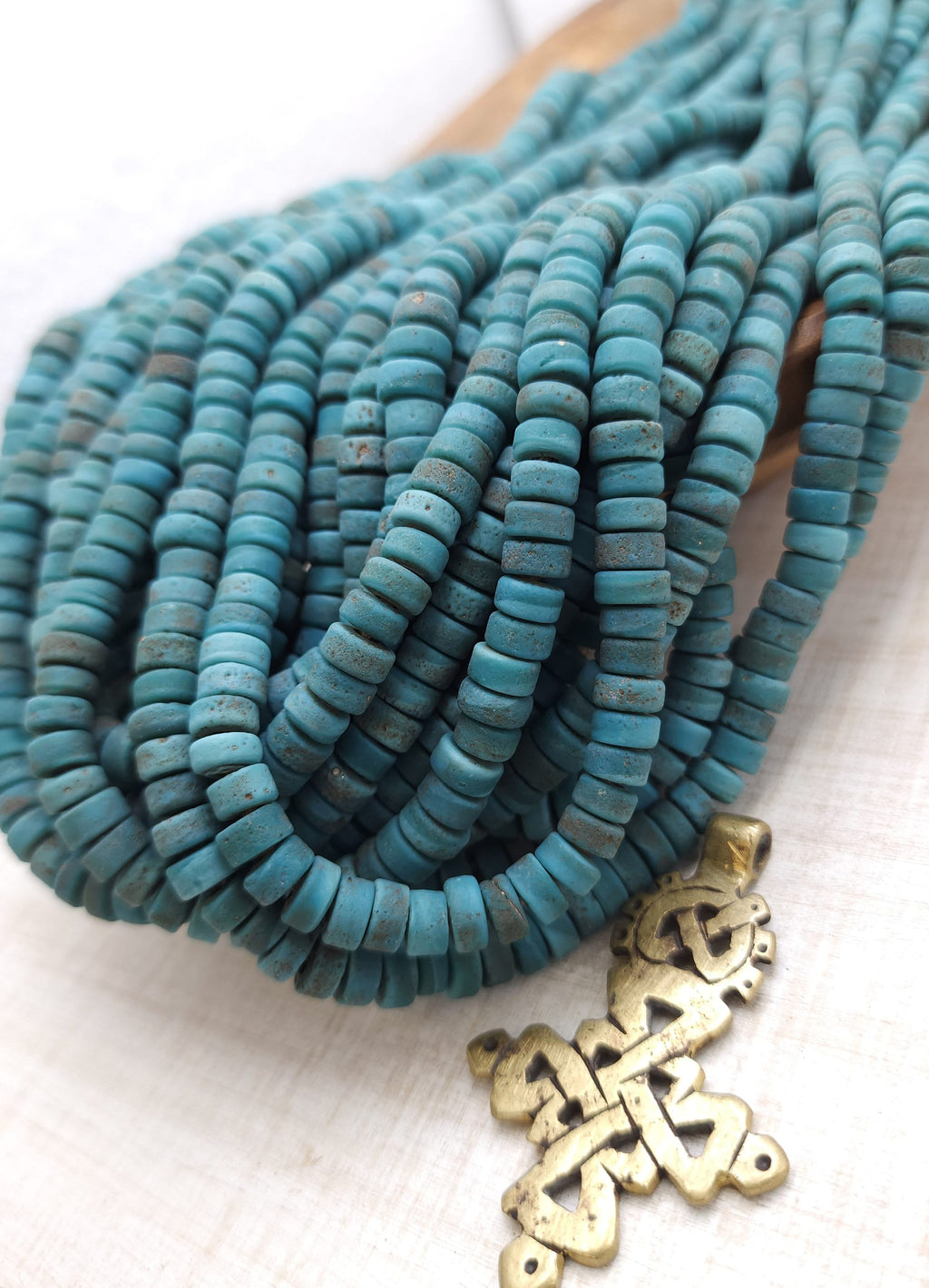 Blue Glass Beads With Strong Old Rustic Accent Raw Texture, 7-8mm Strand 10", Heishi, Indonesian, Java, Jewelry Making Supplies.