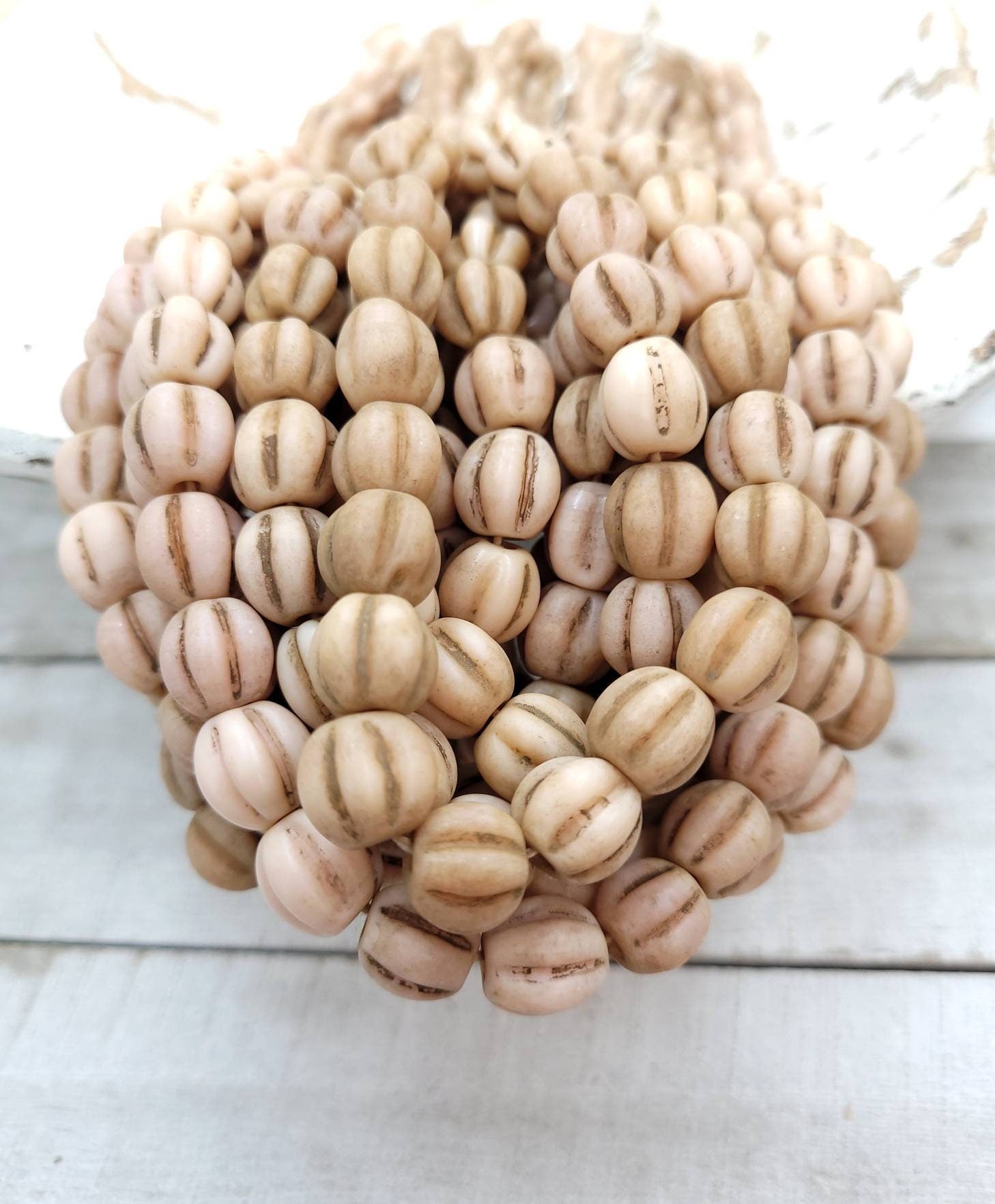 Beautiful Melon Shaped Beads With Accent Rustic 10-11mm 12 Beads/Jewelry Supplies/Boho Hippie Tribal/Lampwork Beads/Indonesian /Thailand