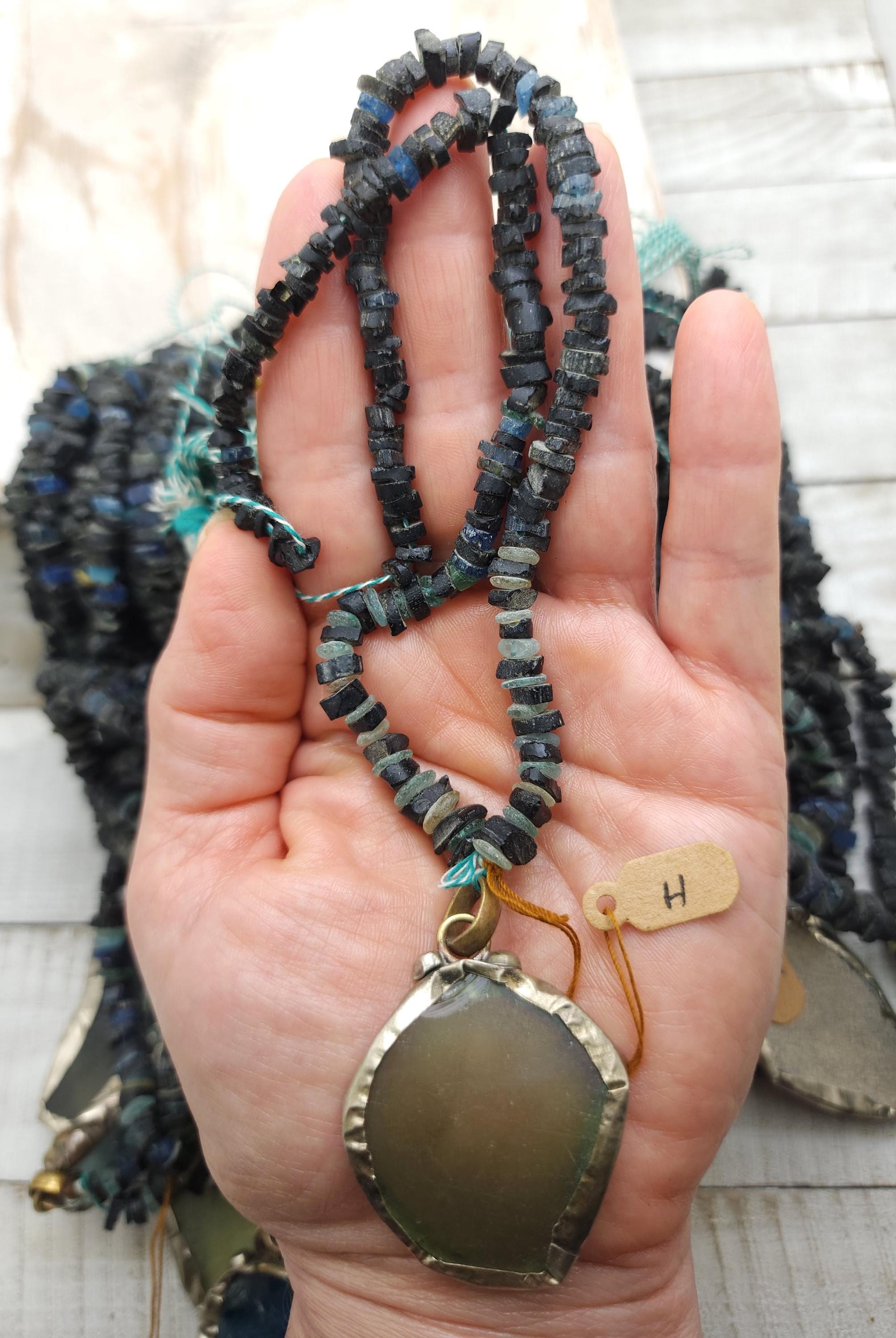Unusual Dark Beads of Ancient Rome, Rustic Beads, Afghan Jewelry, Large Roman glass pendant, Strand 14-15" 4-10mm, Jewelry Supplies