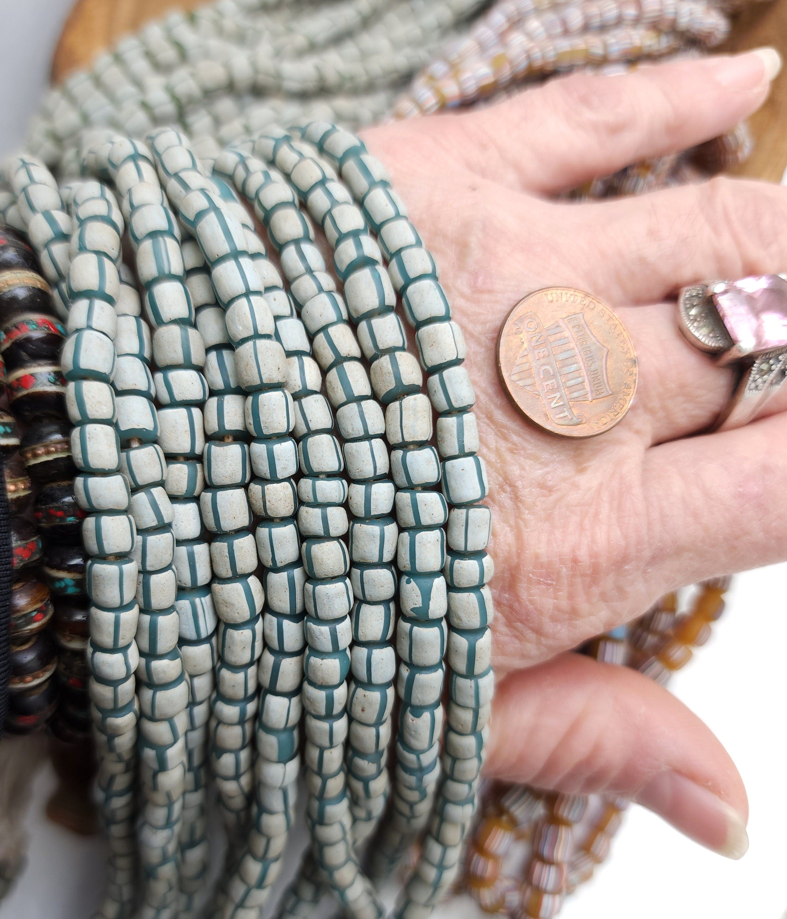 Full Strand 23" Venetian Style Currant Beads / Small Striped Java Beads 5-8mm x 5-6mm / Choose Green Or Yellow / Jewelry Supplies