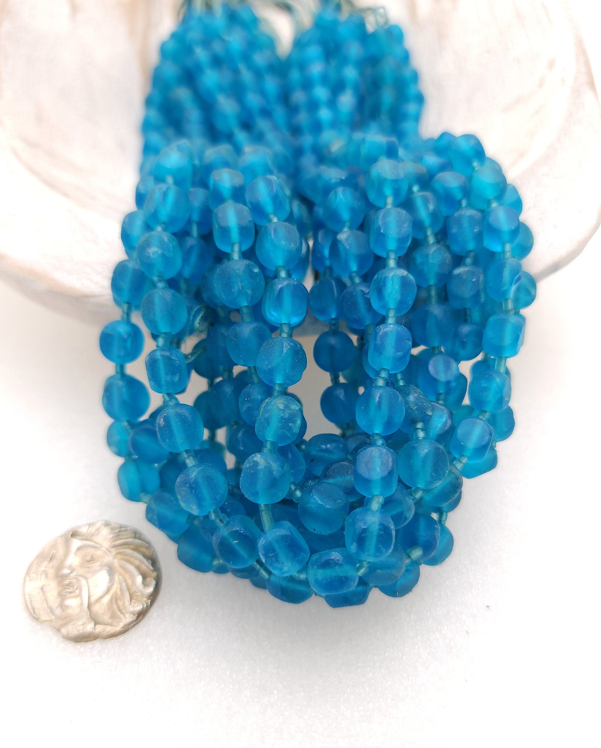Blue Square Glass Beads From Afghanistan 6mm+ Strand 15-16", Sea Glass Beads, Opaque glass, Vintage, Jewelry Making Supplies.