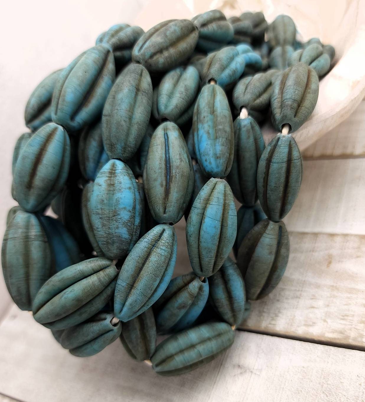 Large Oval Turquoise Blue Stained Old Rustic Glass Melons Beads  / Indonesian / 3 Beads 23-26mm  Jewelry Supplies /Java