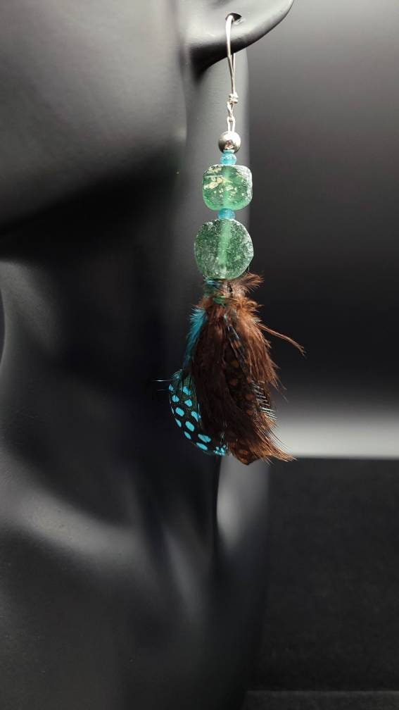 Authentic 925 Silver Earrings / Ancient Roman Glass / Natural Feather Earrings / Hippie Earrings / Ethnic Jewelry.