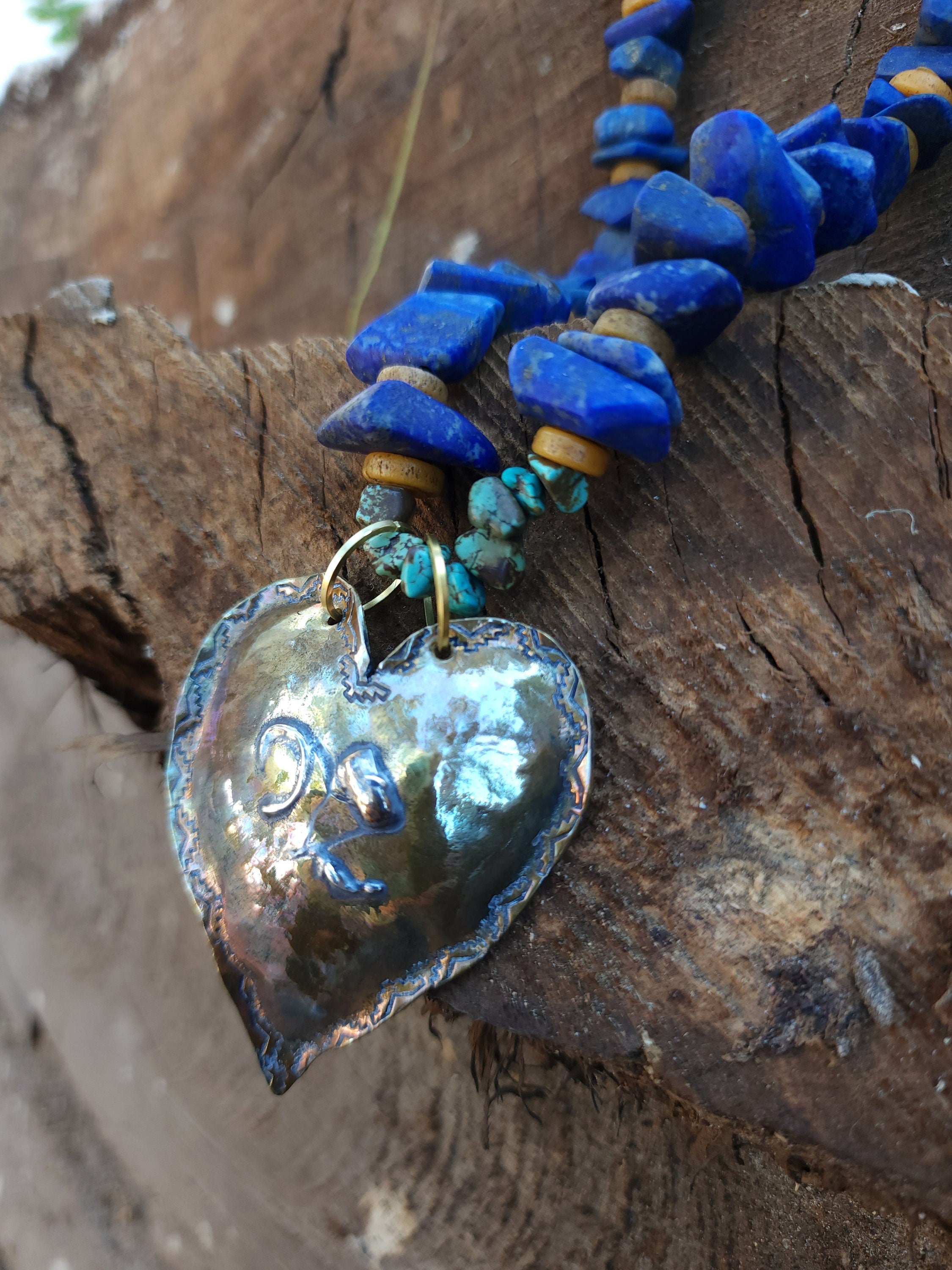 Beautiful Hand Hammered Brass and 925 Silver Heart Necklace Genuine Lapis Lazuli 14" Long / Best Gift For Who You Love / Handmade Jewelry.