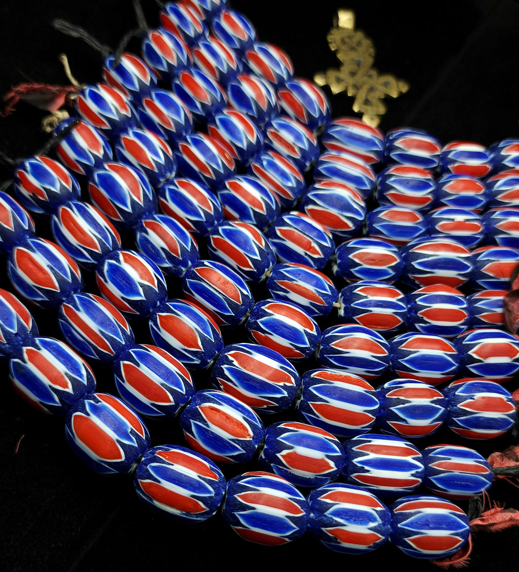 Large Chevron Beads, Strand With 8 Beads Blue, White And Red 20-21 × 15-18mm, Chevron Glass Beads, Tribal, Ethnic, Jewelry Making Supplies.