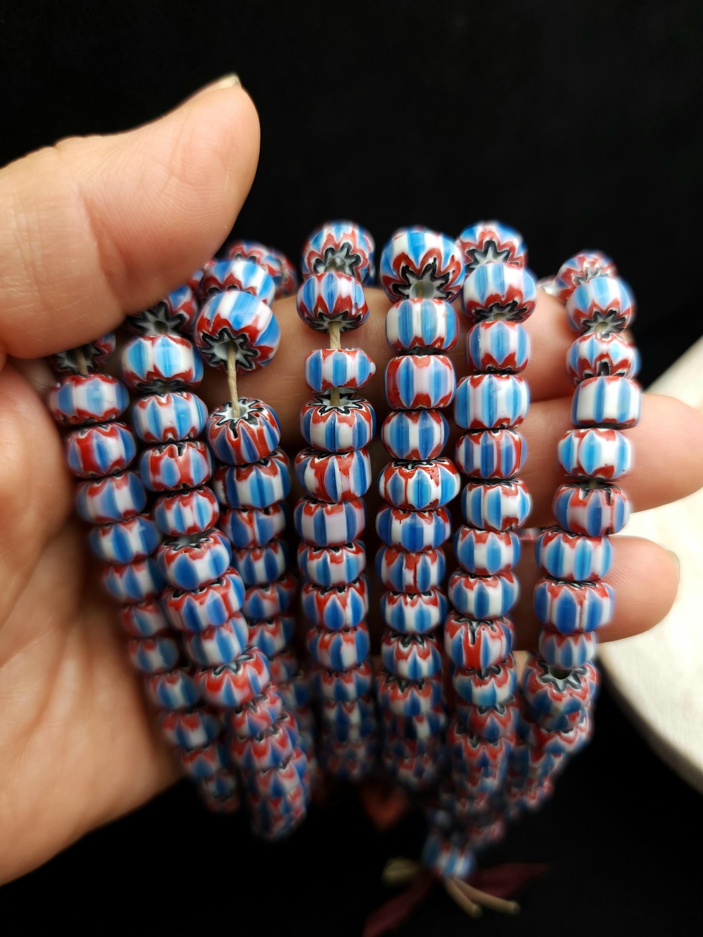 Chevron Beads 6 Layers [Blue, White, Red] Strand 10" Inches [40 Beads] 8-11mm, Jewelry Making Supplies.