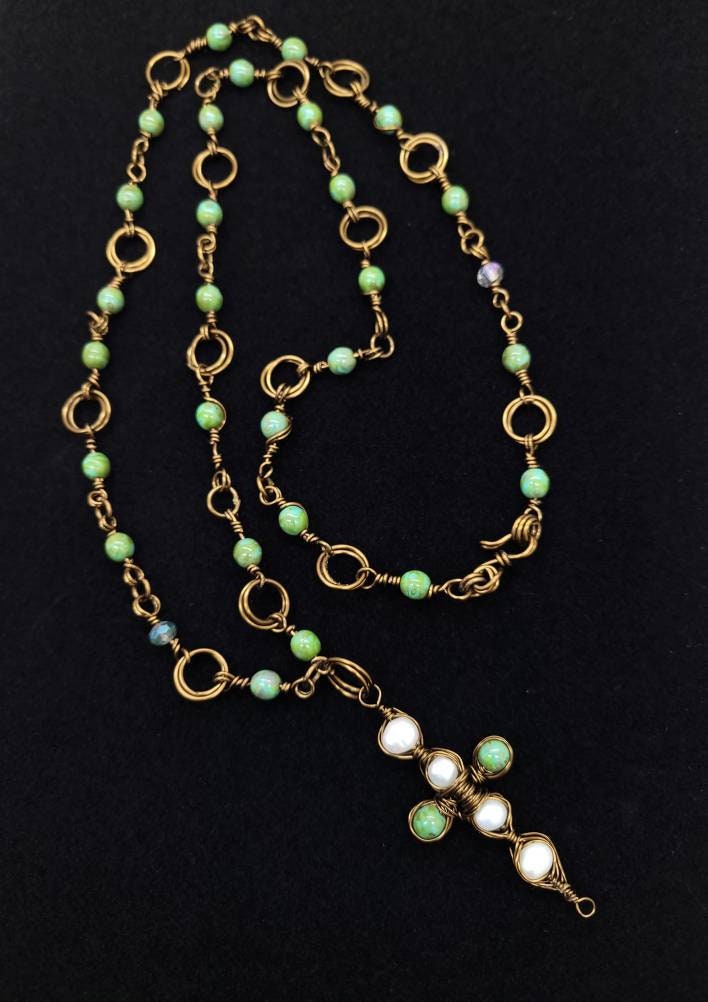 Pearls & Greens Necklace | Copper | Pearls | Rosary| Crystal
