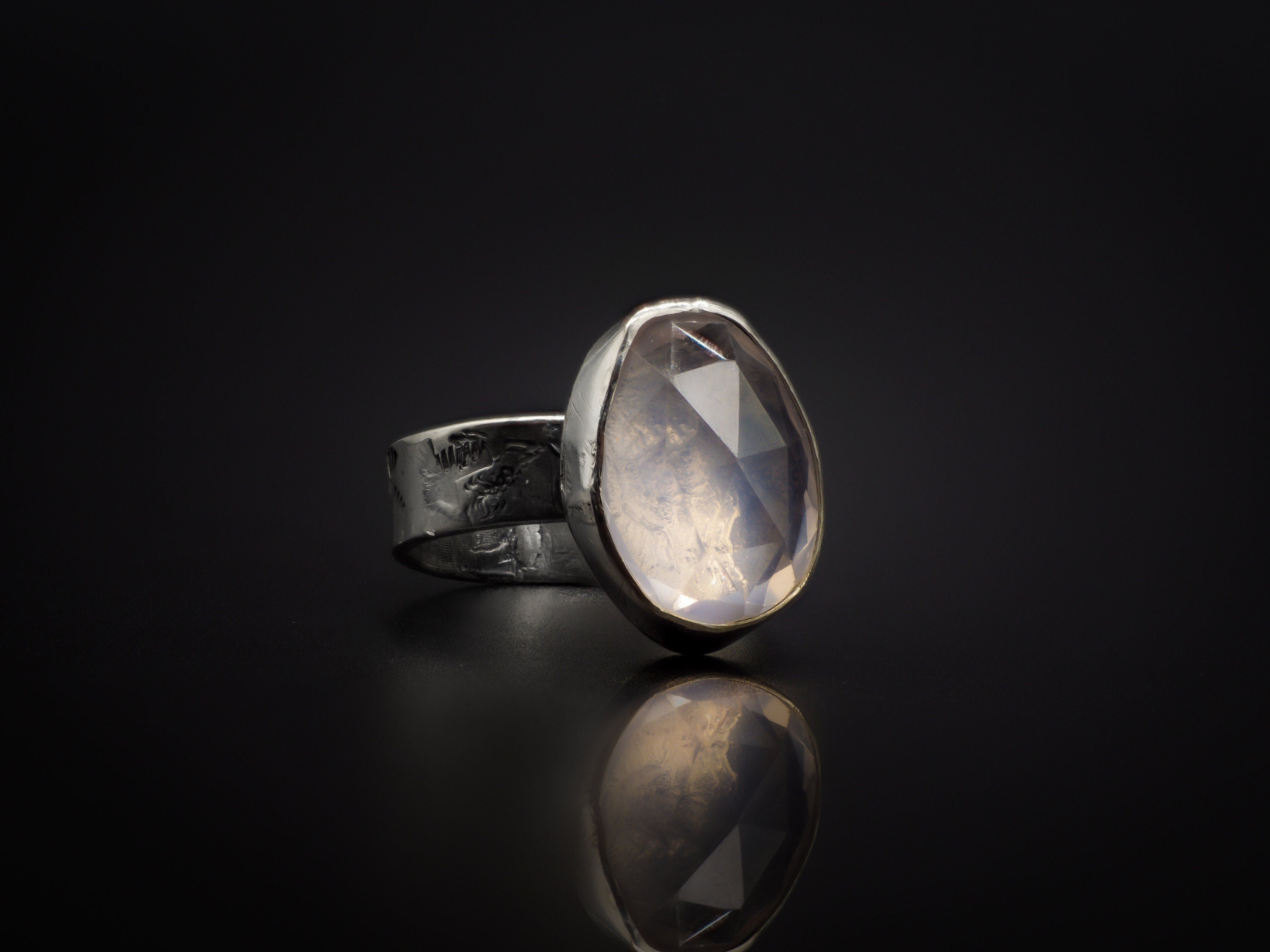 925 Silver, Hand Engraved, And Rose Cut Precious Rose Quartz Ring