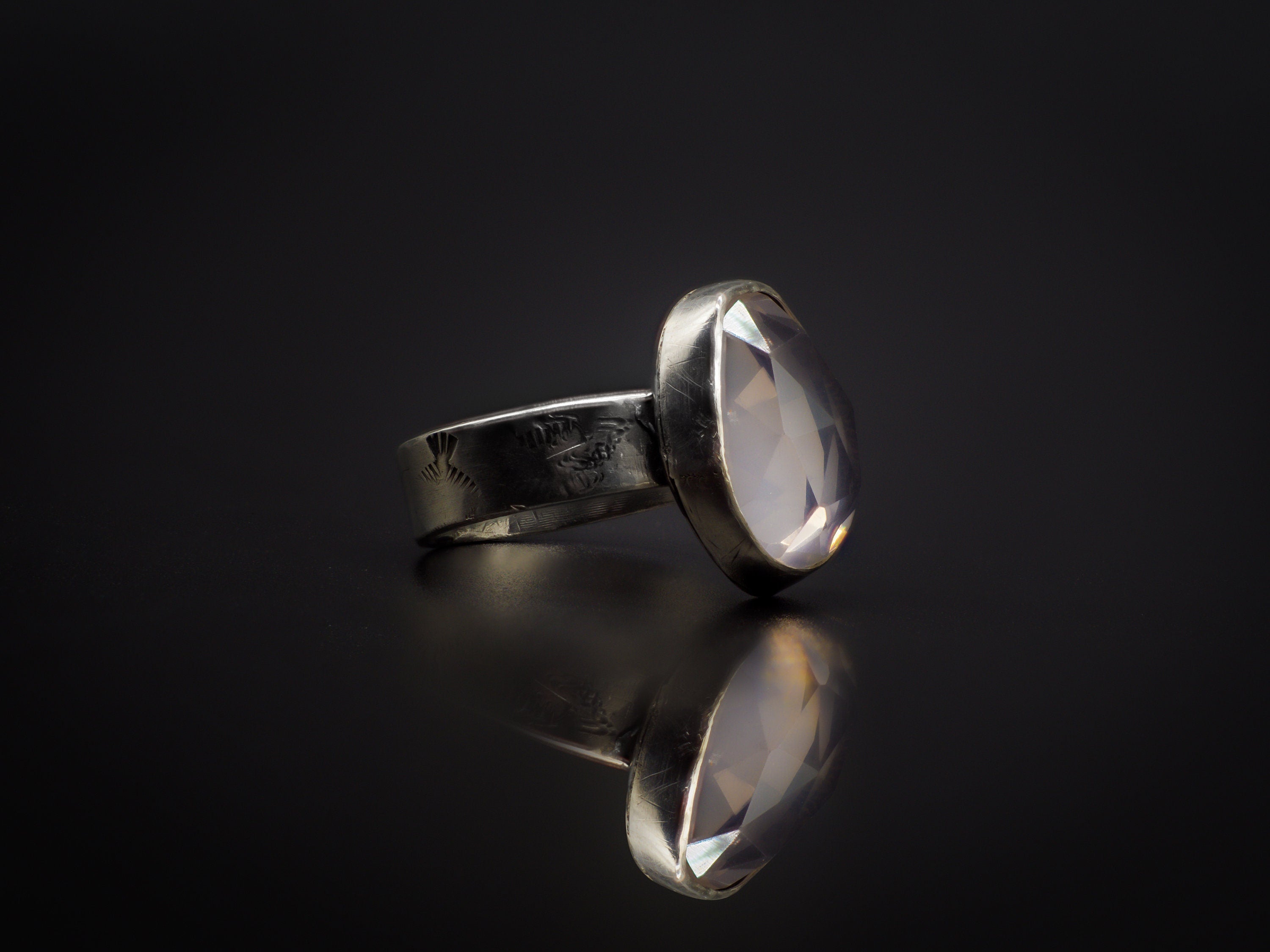 925 Silver, Hand Engraved, And Rose Cut Precious Rose Quartz Ring