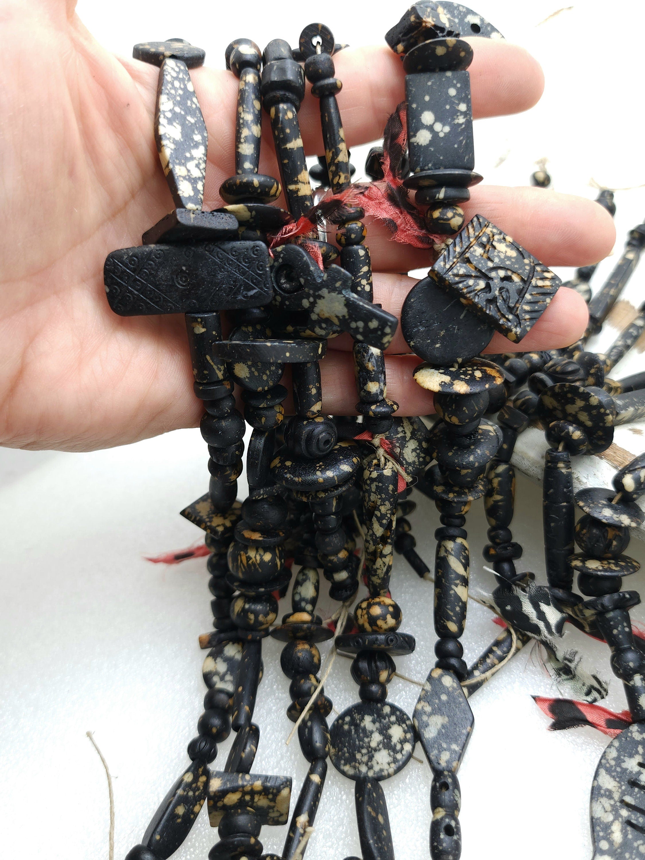 Splattered Black Bone Beads / Strand 14"+ Variety Of Bone Beads / Tribal / Ethnic / Boho / Fun Beads / Jewelry Making Supplies.